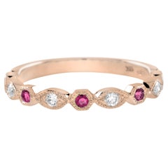 Ruby and Diamond Vintage Style Half Eternity Band Ring in 14K Rose Gold