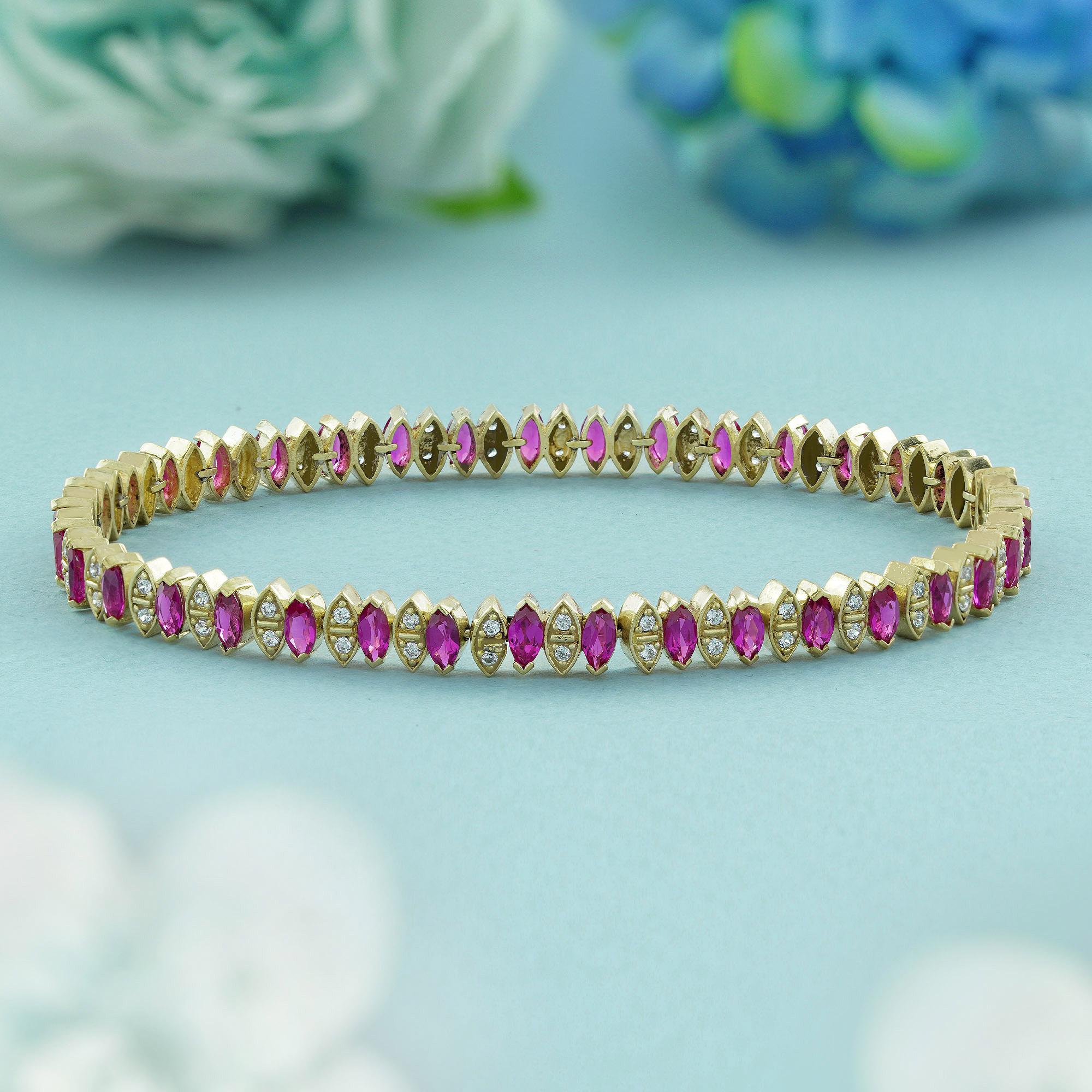 Vintage-Armband in Marquise-Form mit Rubin und Diamanten im Vintage-Stil aus 14 Karat Gelbgold (Art déco)