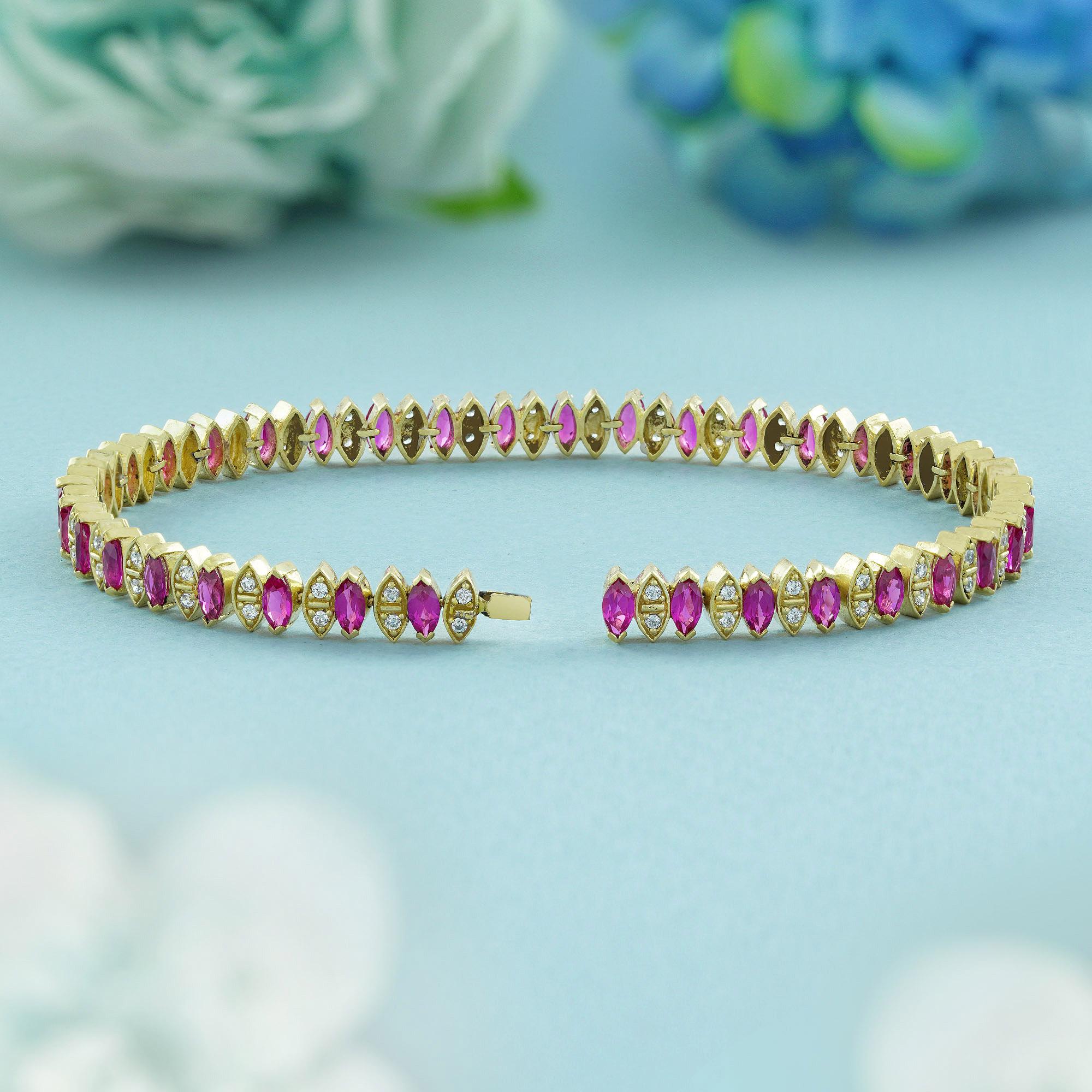 Vintage-Armband in Marquise-Form mit Rubin und Diamanten im Vintage-Stil aus 14 Karat Gelbgold (Marquiseschliff)