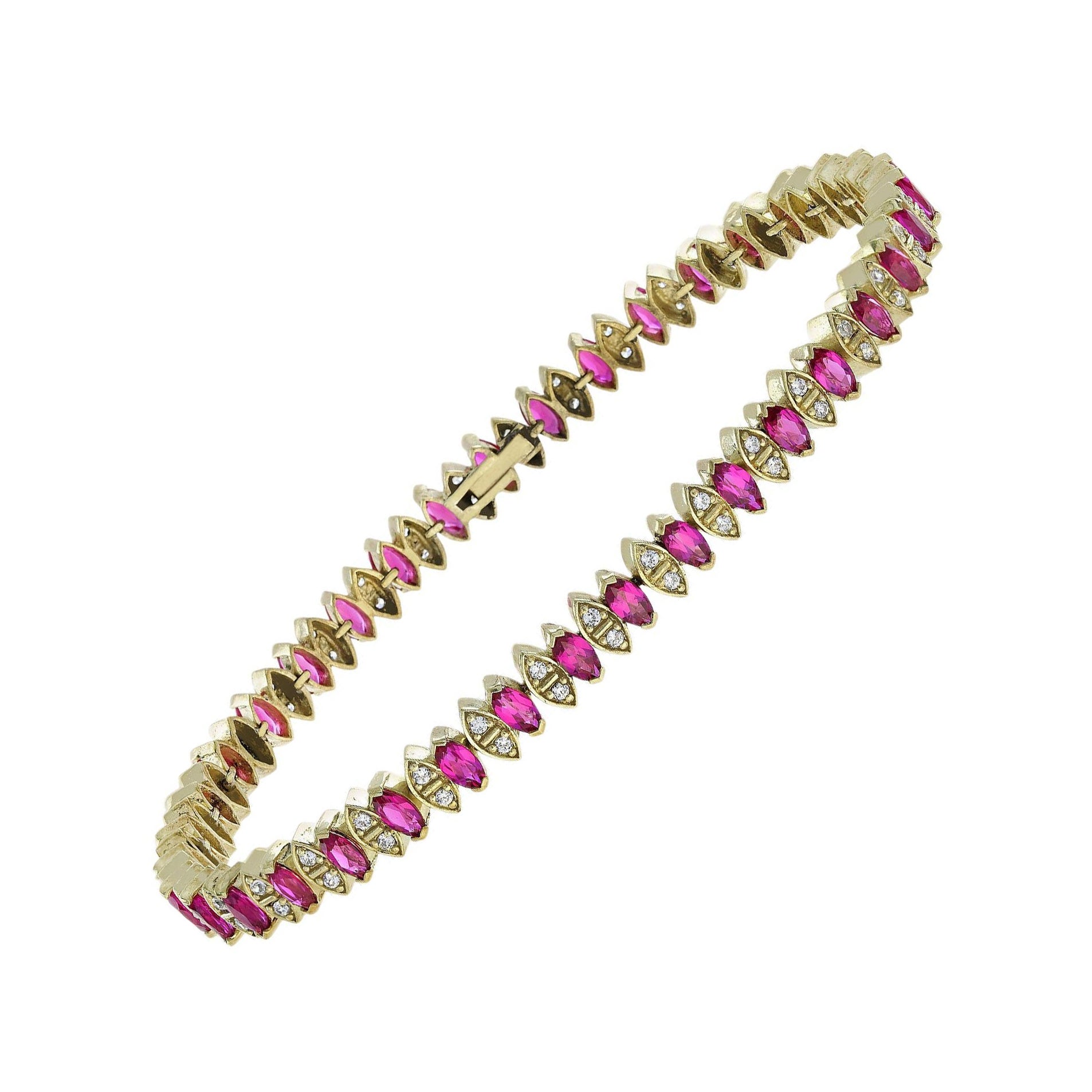 Ruby and Diamond Vintage Style Marquise Shape Bracelet in 14K Yellow Gold For Sale