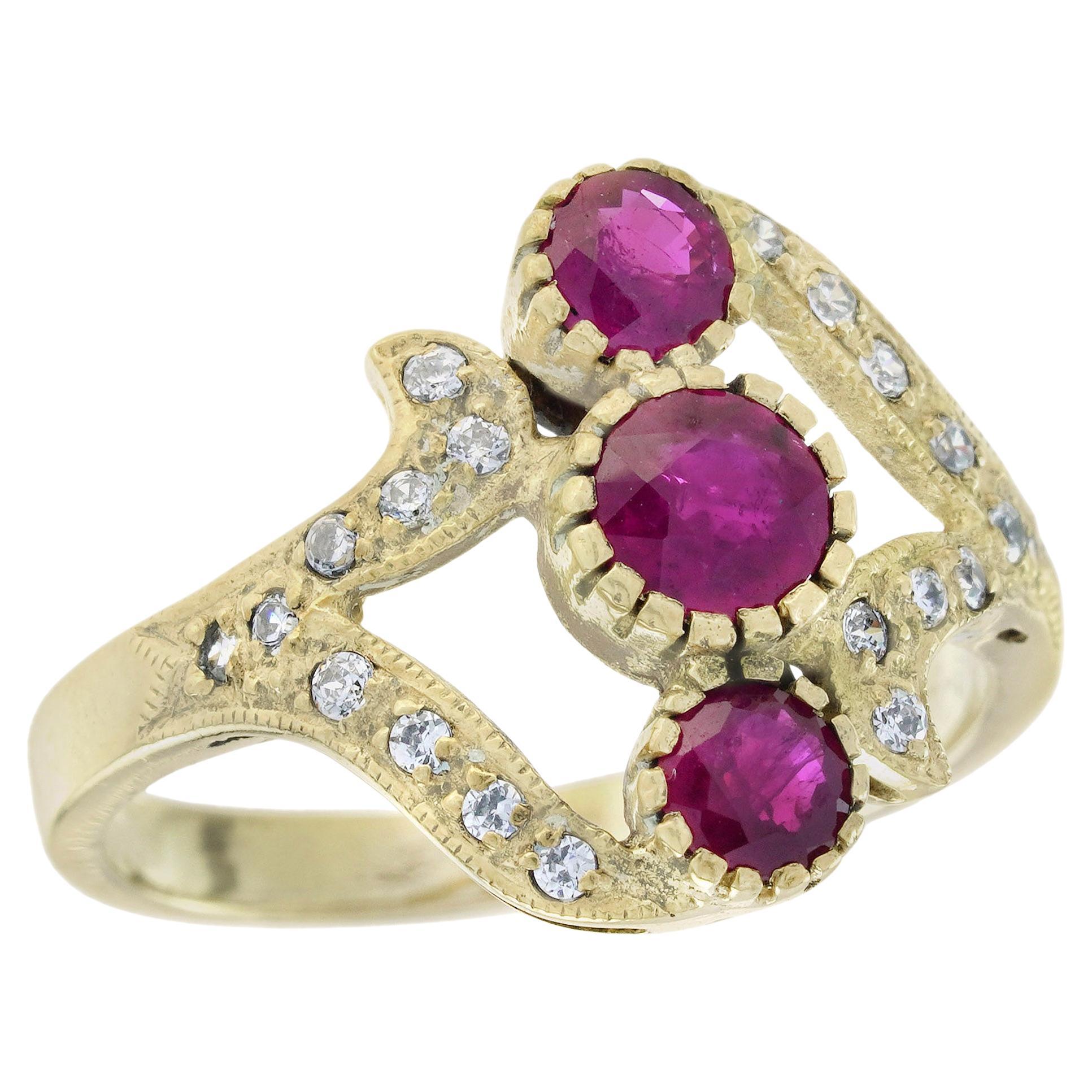 Ruby and Diamond Vintage Style  Three Stone Ring in Solid 14K Yellow Gold