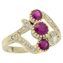Ruby and Diamond Vintage Style  Three Stone Ring in Solid 14K Yellow Gold