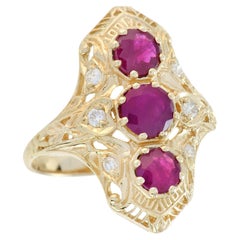 Anillo de tres piedras estilo vintage de oro amarillo macizo de 9 quilates con rubíes y diamantes