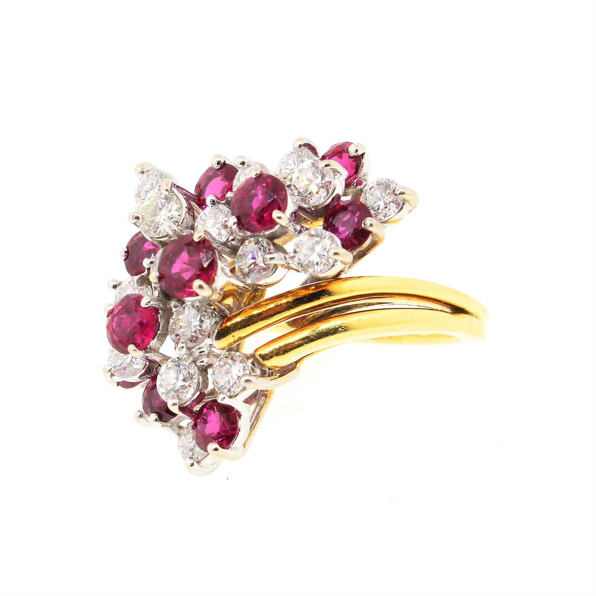 18 kt Yellow Gold
Diamond: 1.60 ct twd
Ruby: 1.70 tcw
Ring Size: 5.75
Total Weight: 11 grams