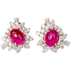 Ruby and Diamond White Gold Cluster Halo Earrings