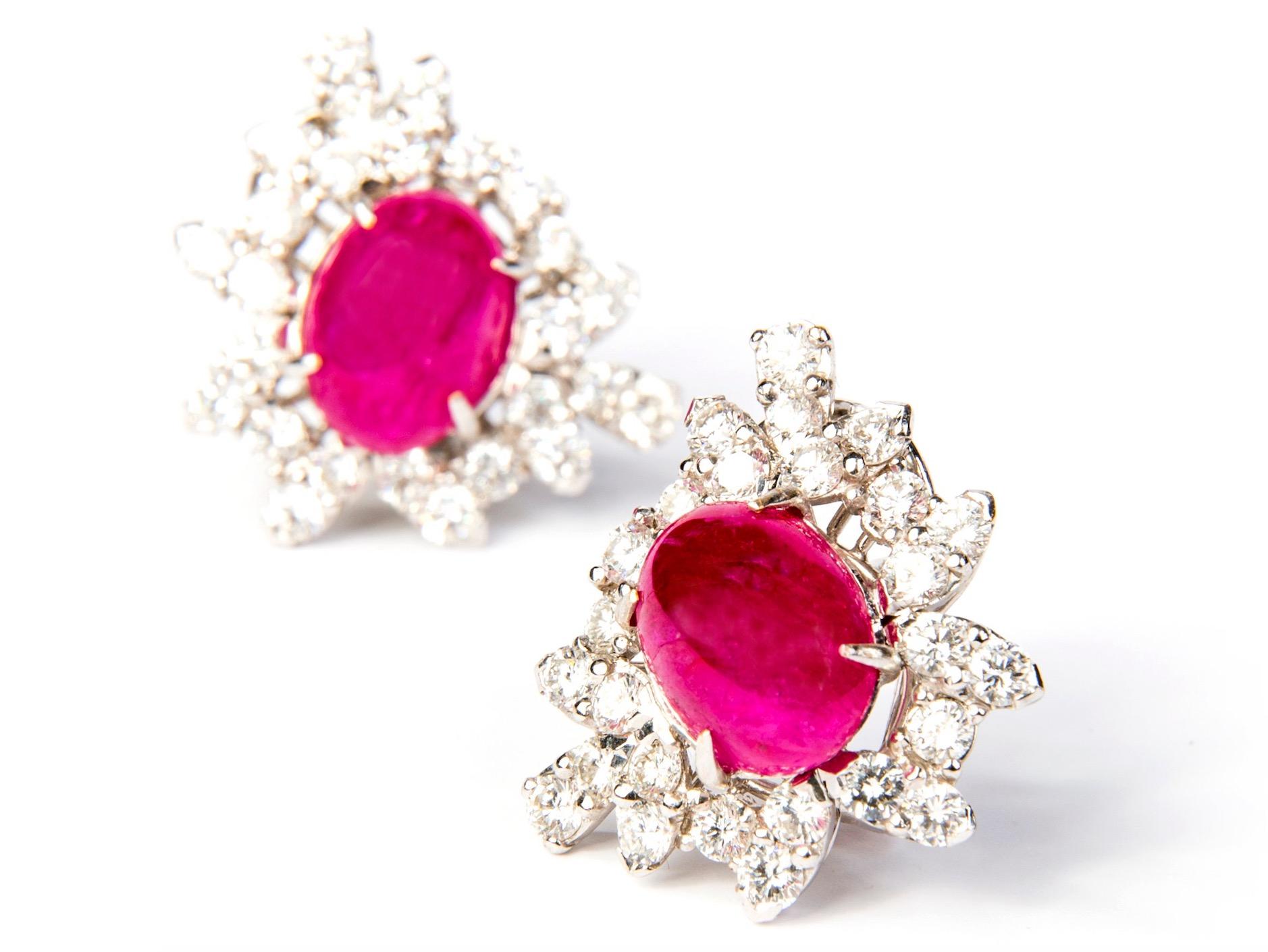 Contemporary Ruby and Diamond White Gold Cluster Halo Earrings For Sale