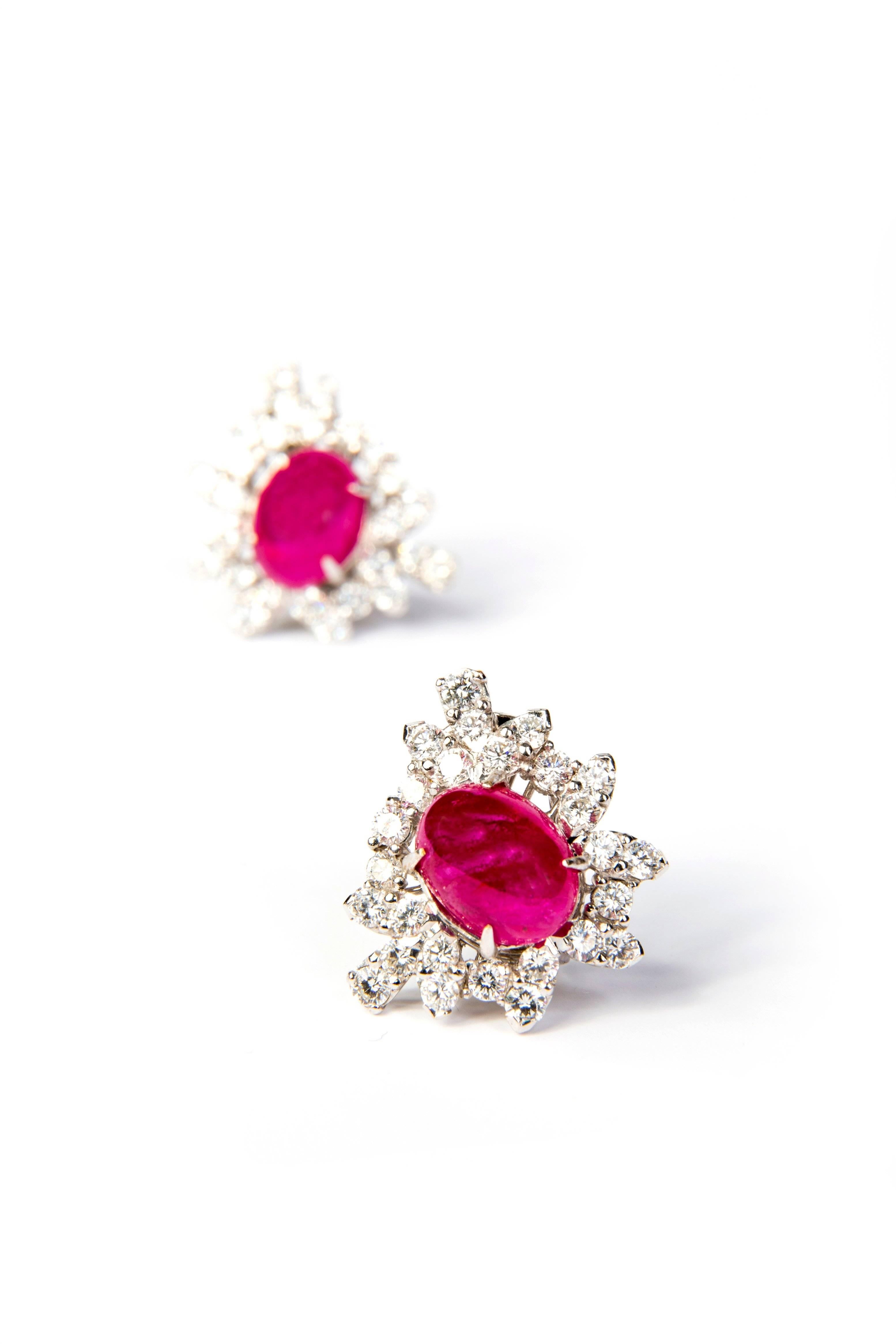 Round Cut Ruby and Diamond White Gold Cluster Halo Earrings For Sale