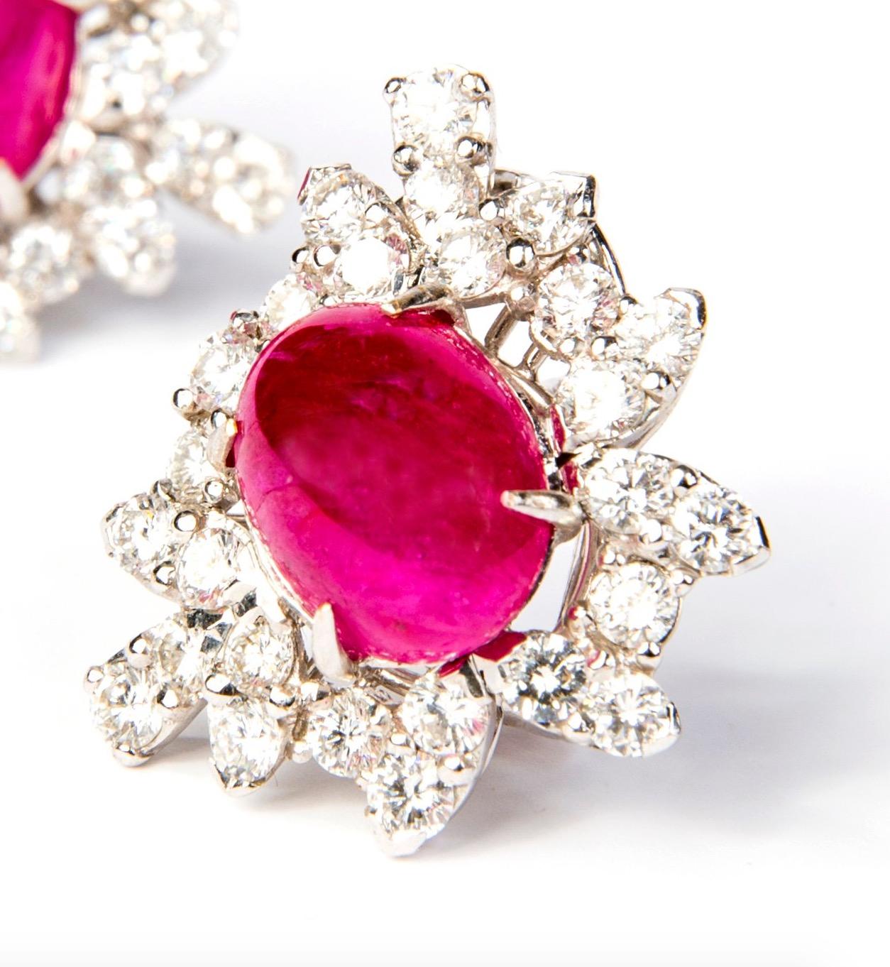 Women's Ruby and Diamond White Gold Cluster Halo Earrings For Sale