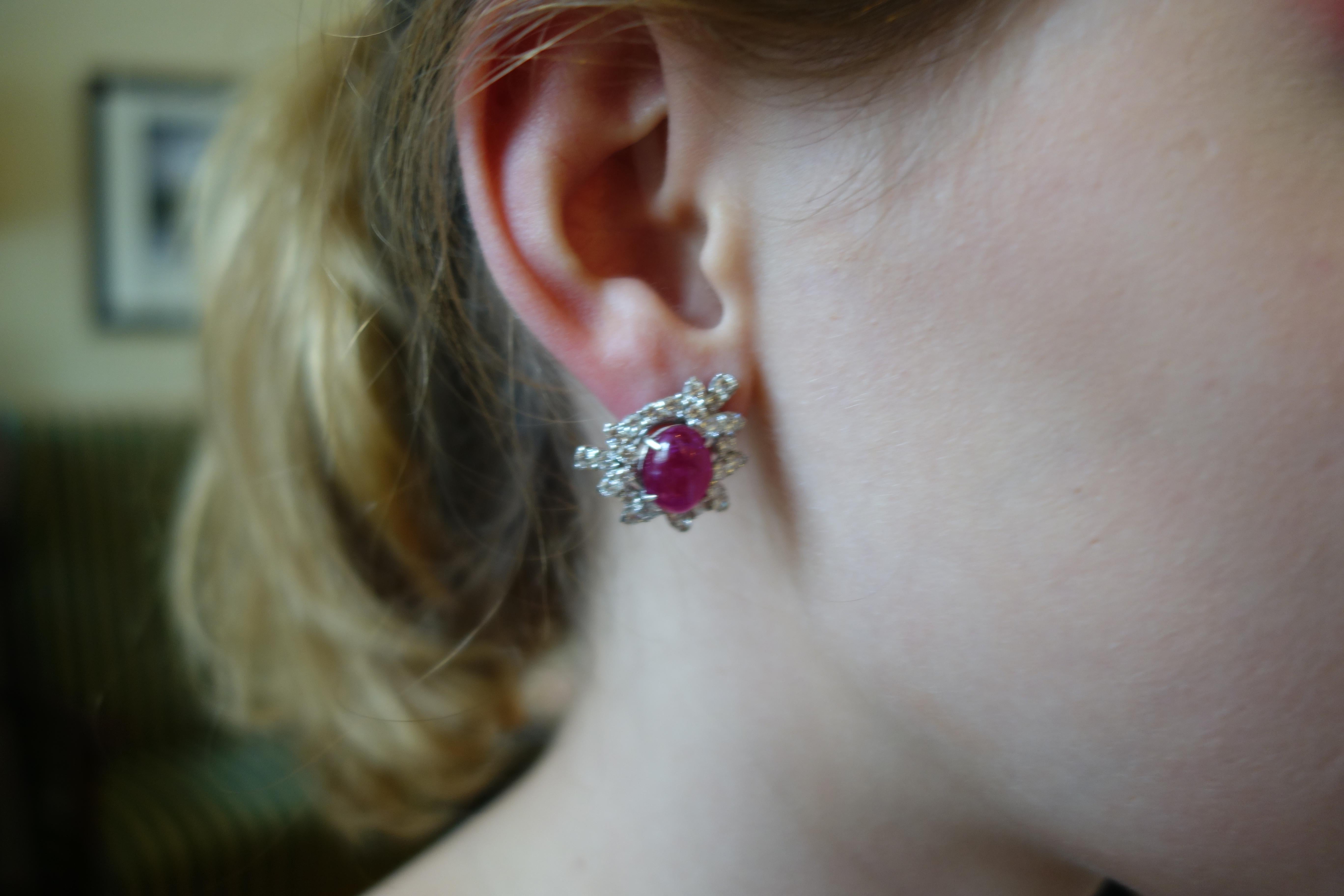 Ruby and Diamond White Gold Cluster Halo Earrings For Sale 1