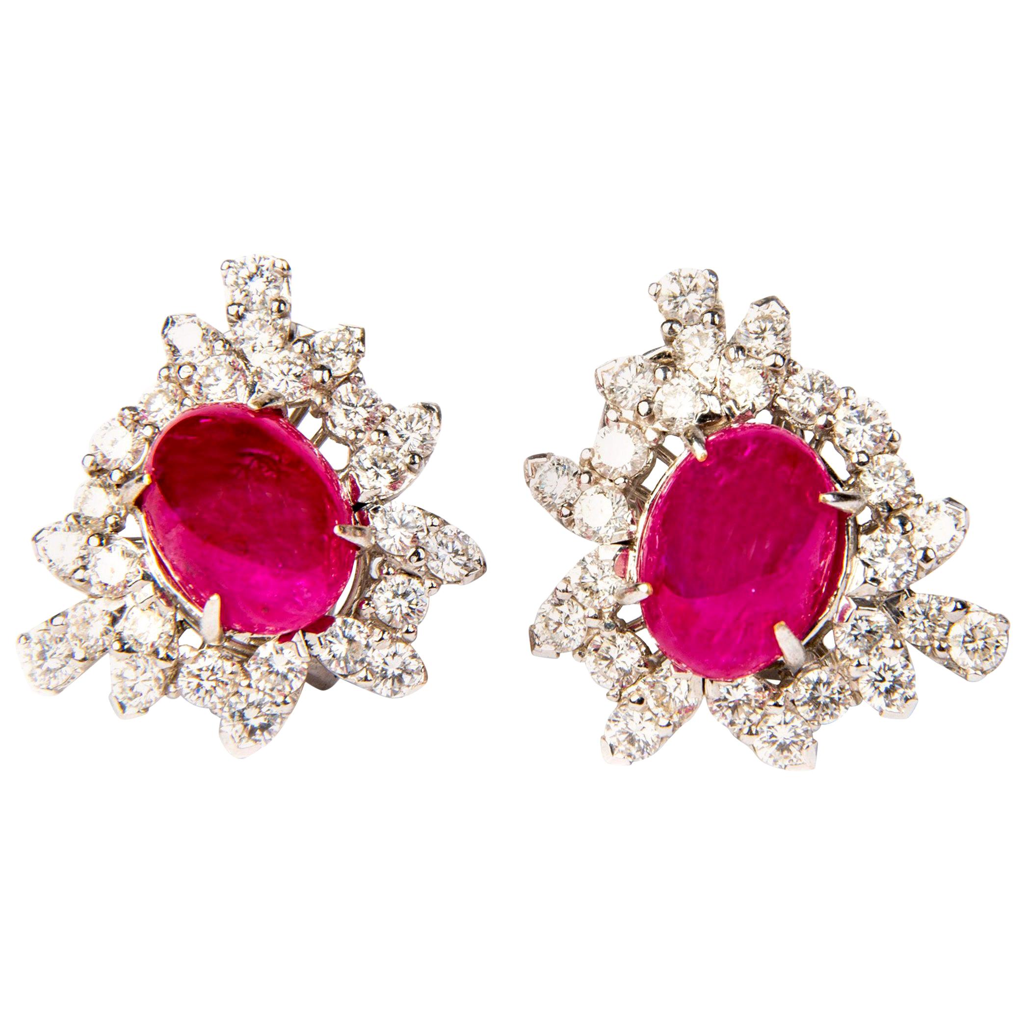 Ruby and Diamond White Gold Cluster Halo Earrings For Sale