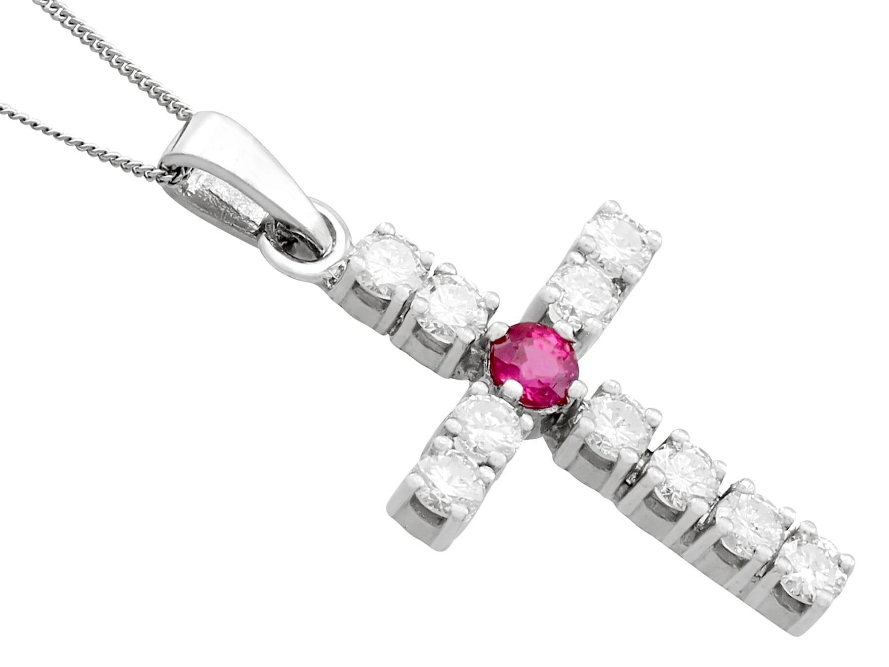 Round Cut Ruby and Diamond White Gold Cross Pendant For Sale