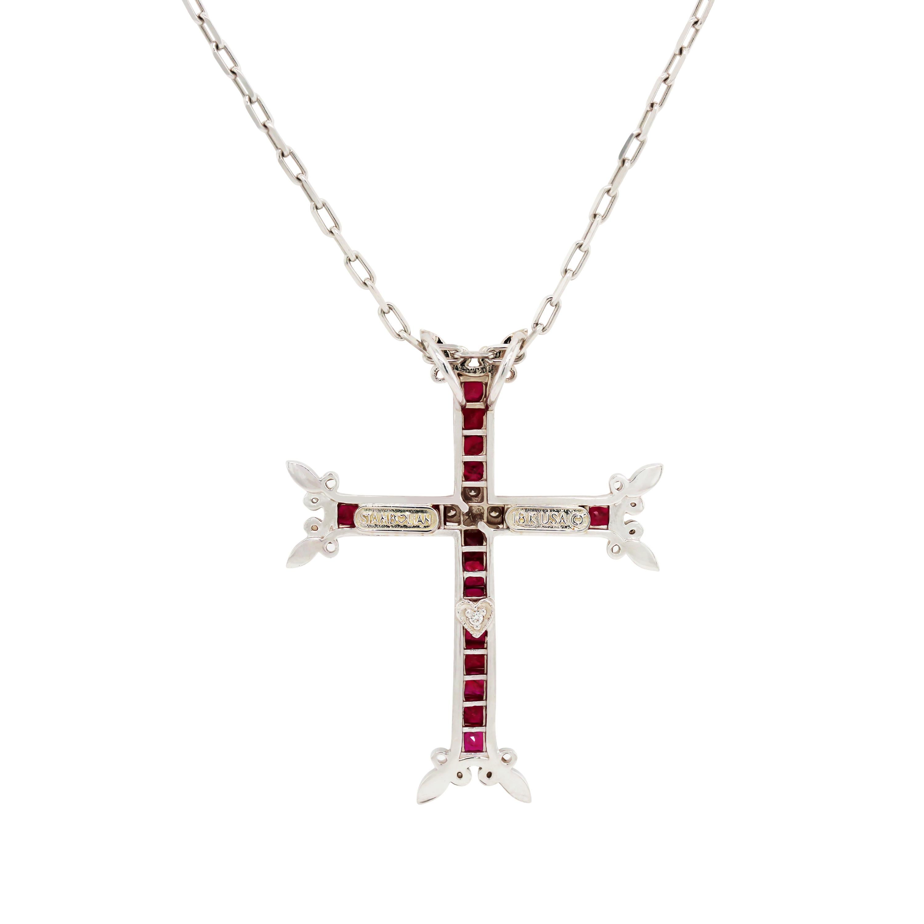 Stambolian 18K White Gold Diamond Princess Cut Ruby Cross Pendant Necklace In New Condition In Boca Raton, FL