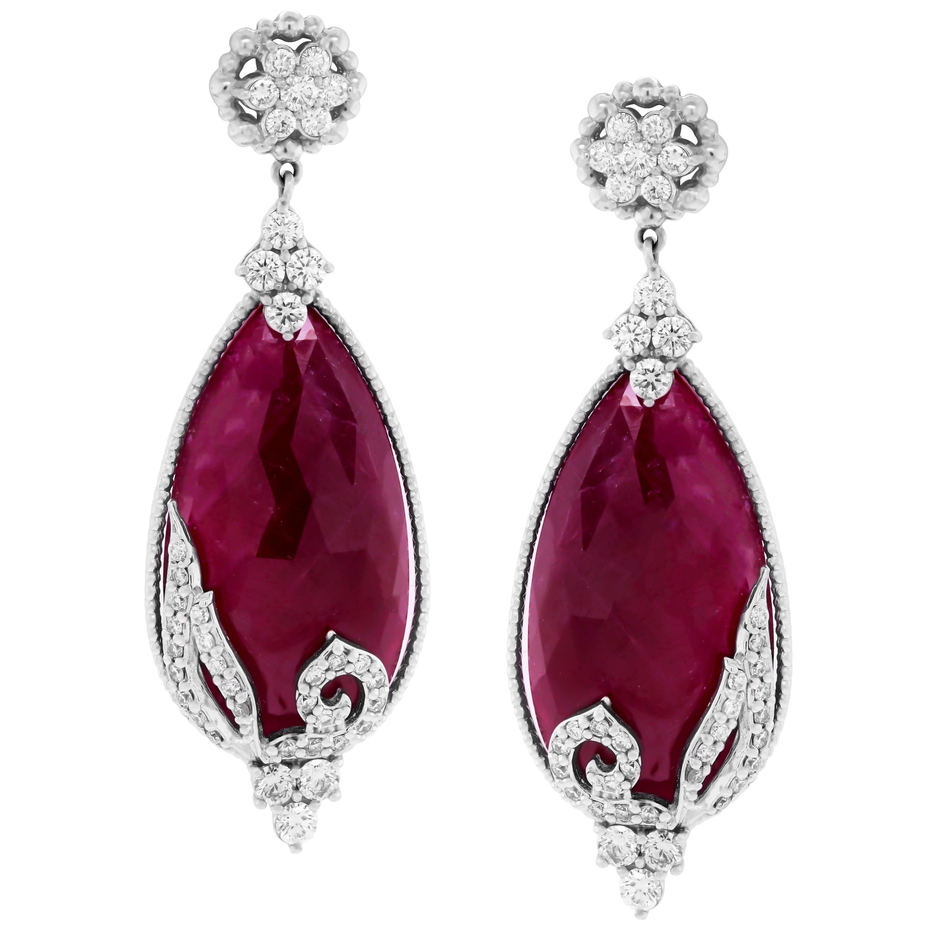 Pear Cut Ruby and Diamond White Gold Drop Earrings Stambolian