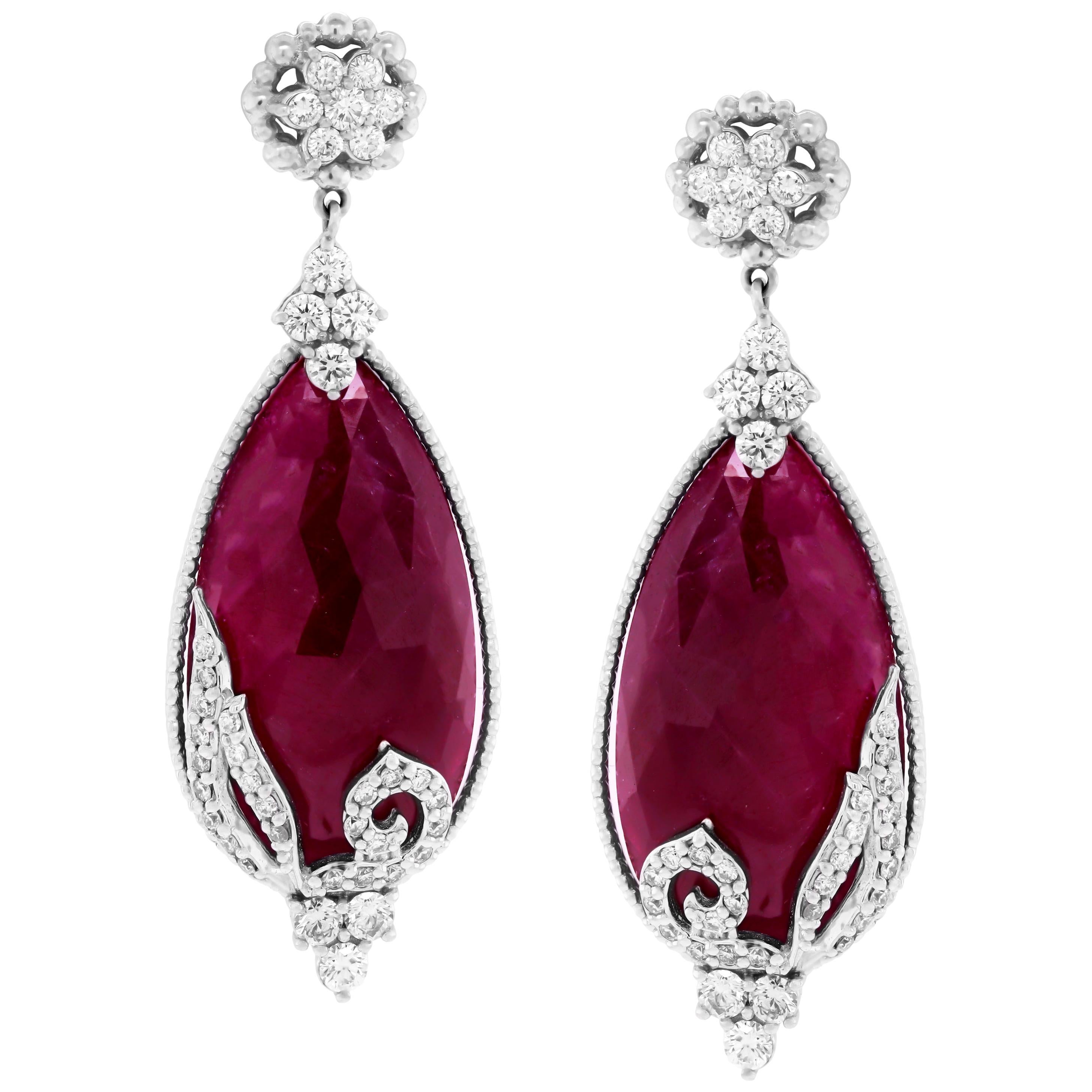 Ruby and Diamond White Gold Drop Earrings Stambolian