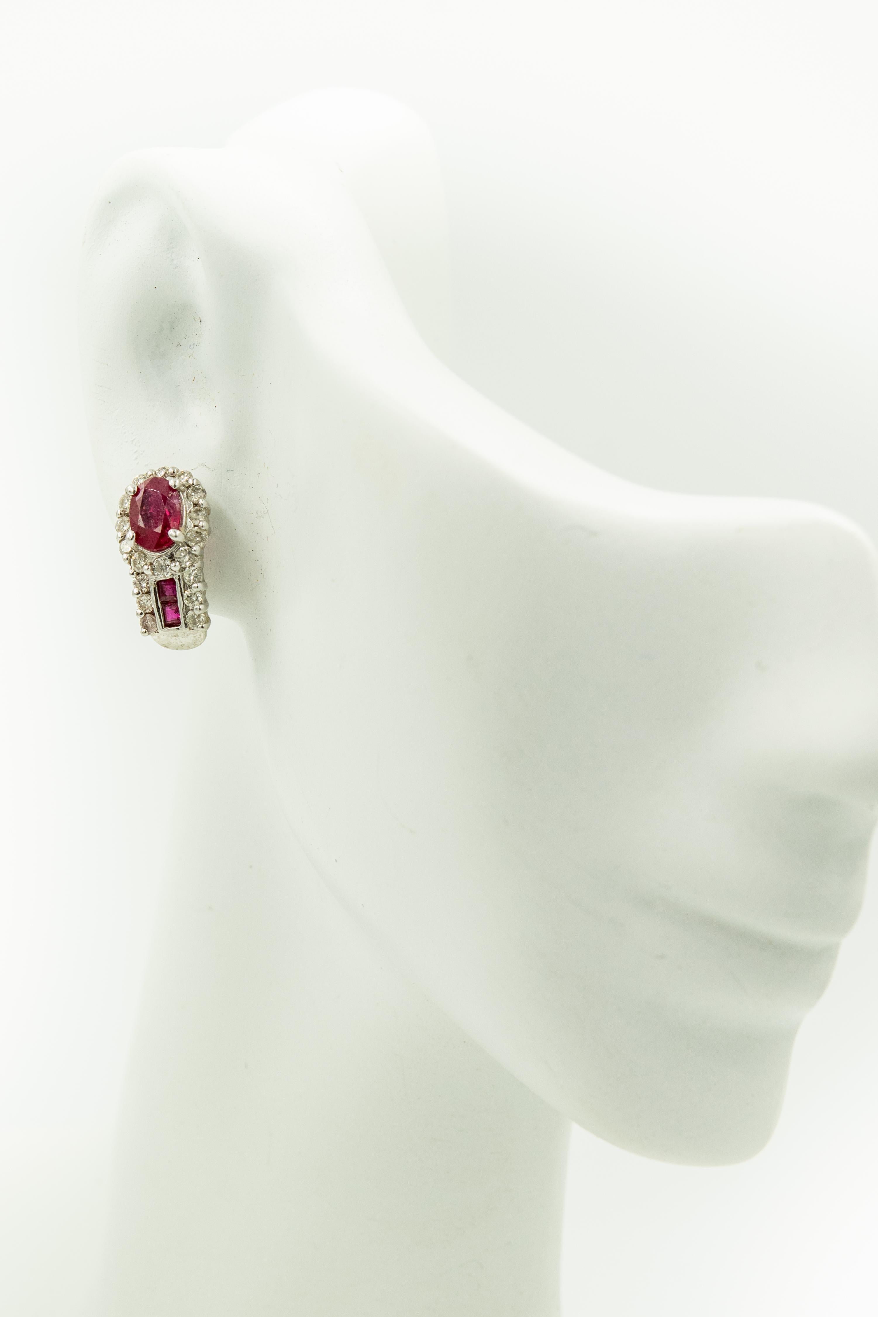 Round Cut Ruby and Diamond White Gold Earrings For Sale