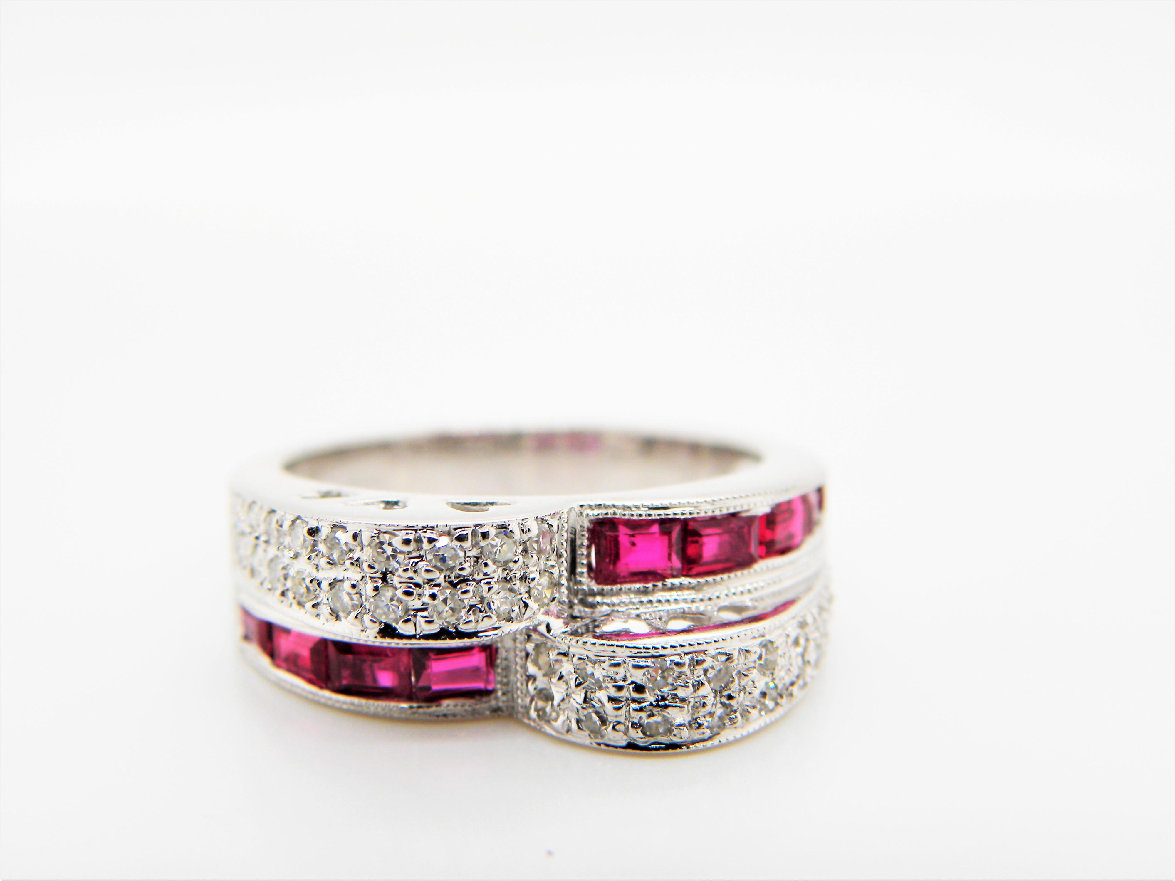 Baguette Cut Ruby and Diamond White Gold Engagement Ring For Sale
