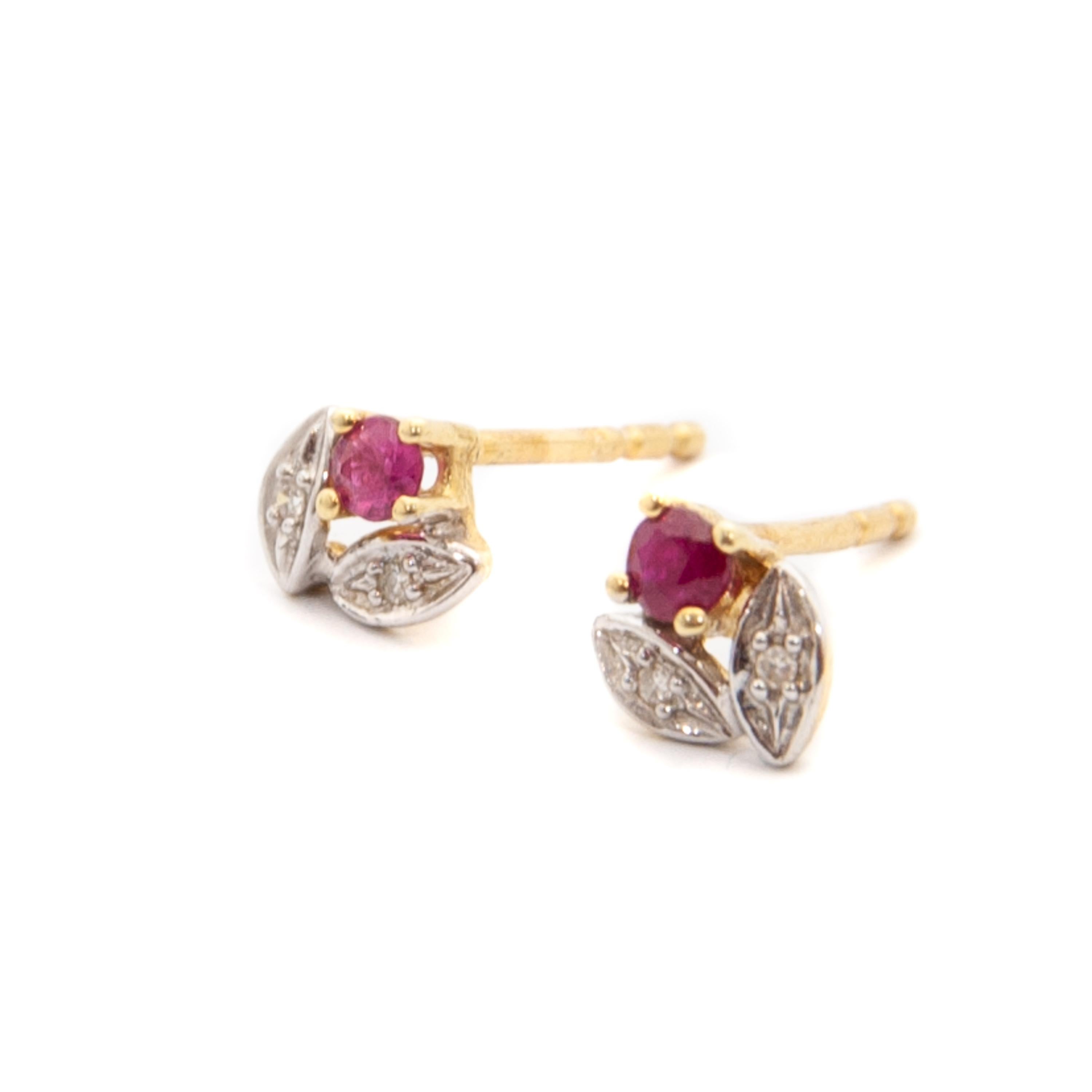 Round Cut Vintage Ruby and Diamond 14 Karat White Gold Floral Stud Earrings For Sale