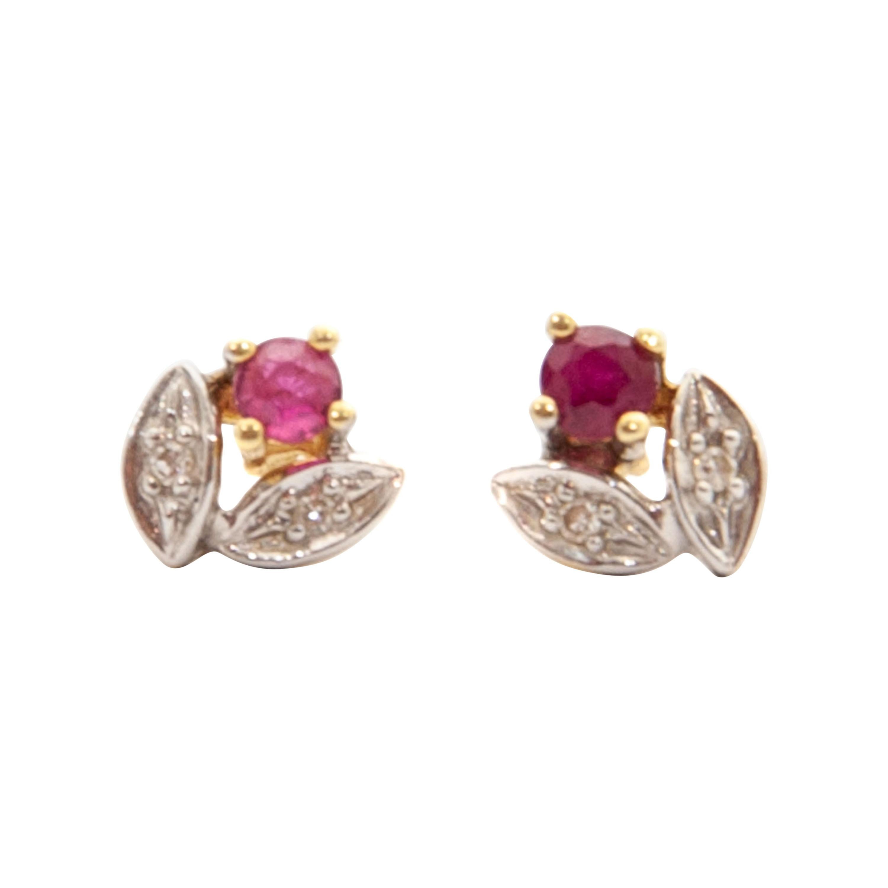 Vintage Ruby and Diamond 14 Karat White Gold Floral Stud Earrings