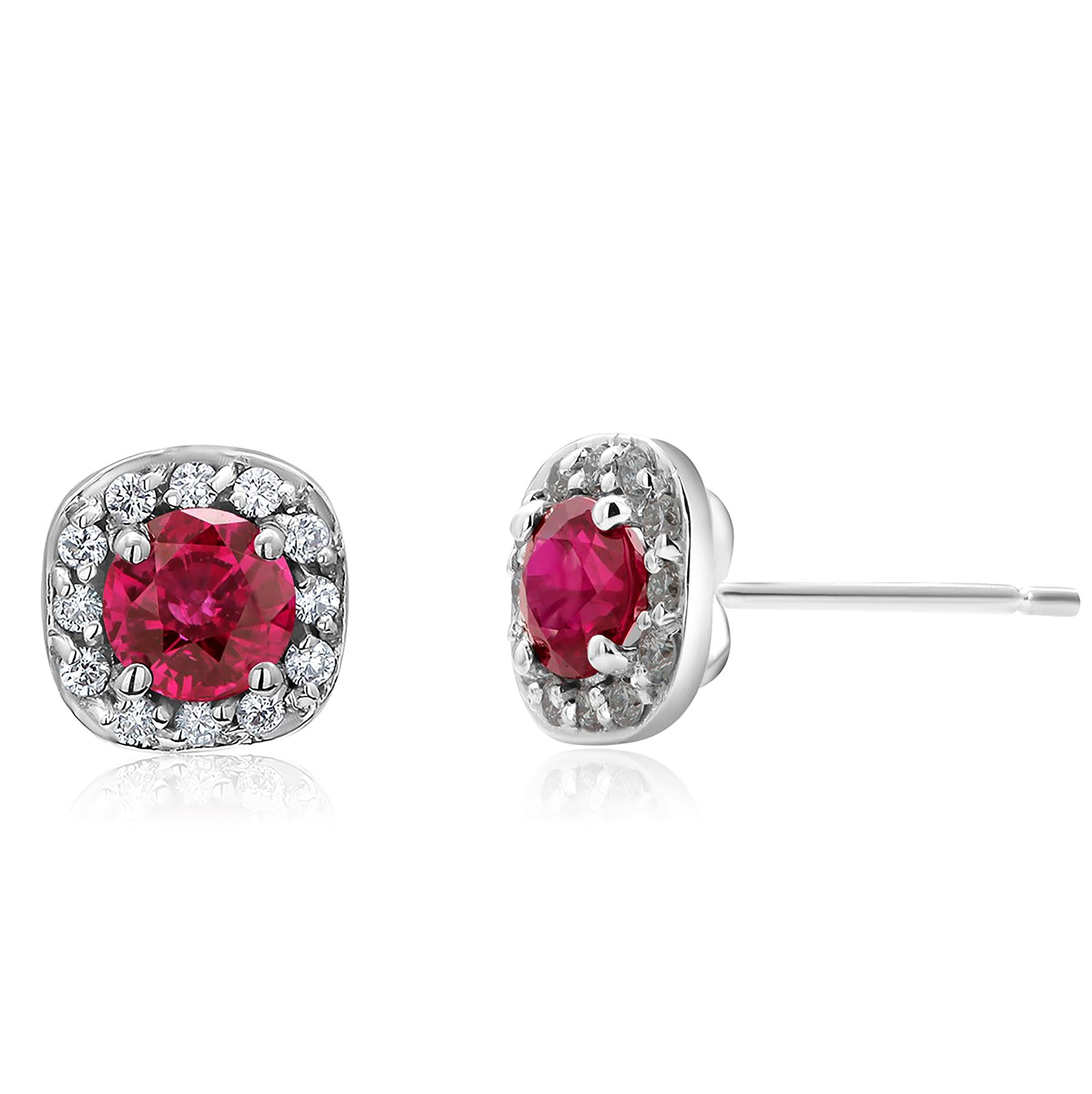 Contemporary Burma Ruby and Diamond 1.35 Carat White Gold Square Shaped Halo Stud Earrings