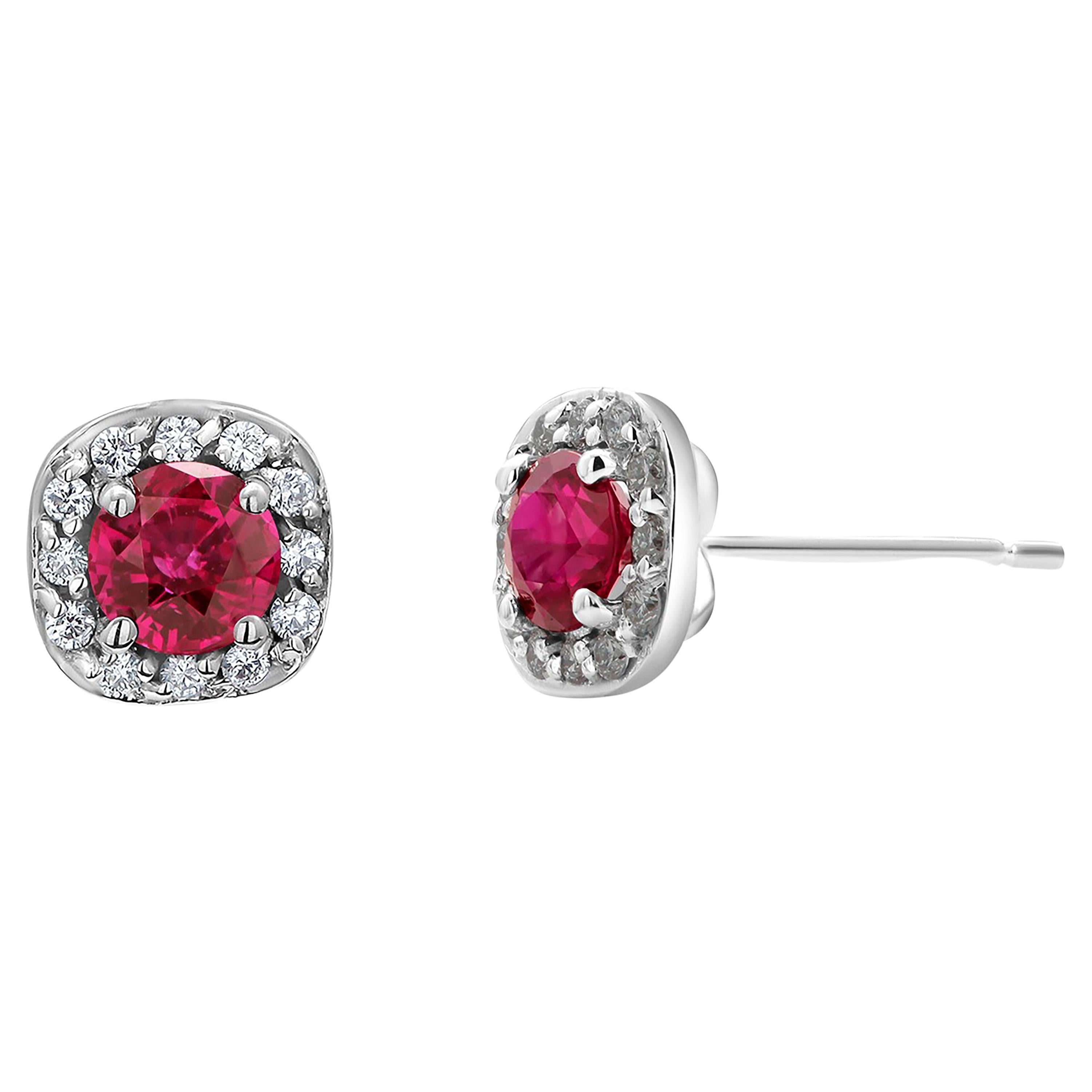 Burma Ruby and Diamond 1.35 Carat White Gold Square Shaped Halo Stud Earrings
