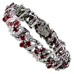 Ruby & Diamond Bracelet in 14K White Gold, Floral Cluster with Ribbons