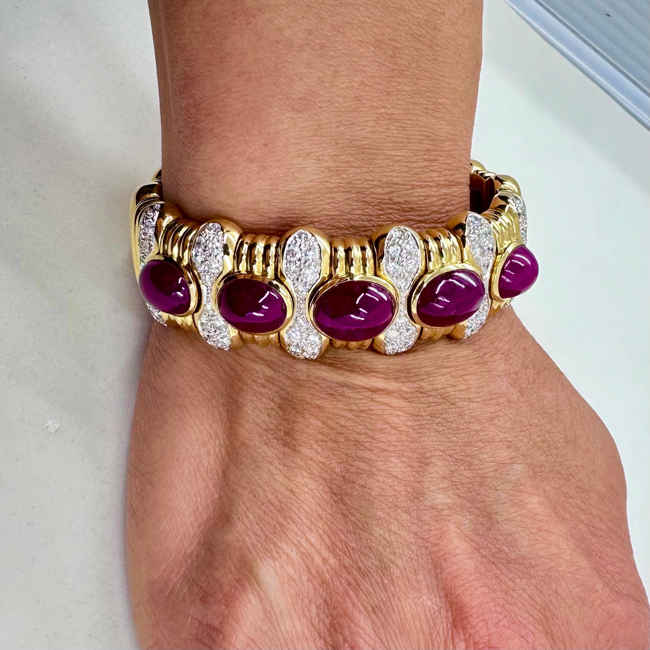 Brilliant Cut Ruby and Diamond Wide Cuff Bracelet 18k Yellow Gold 25 ct Rubies For Sale