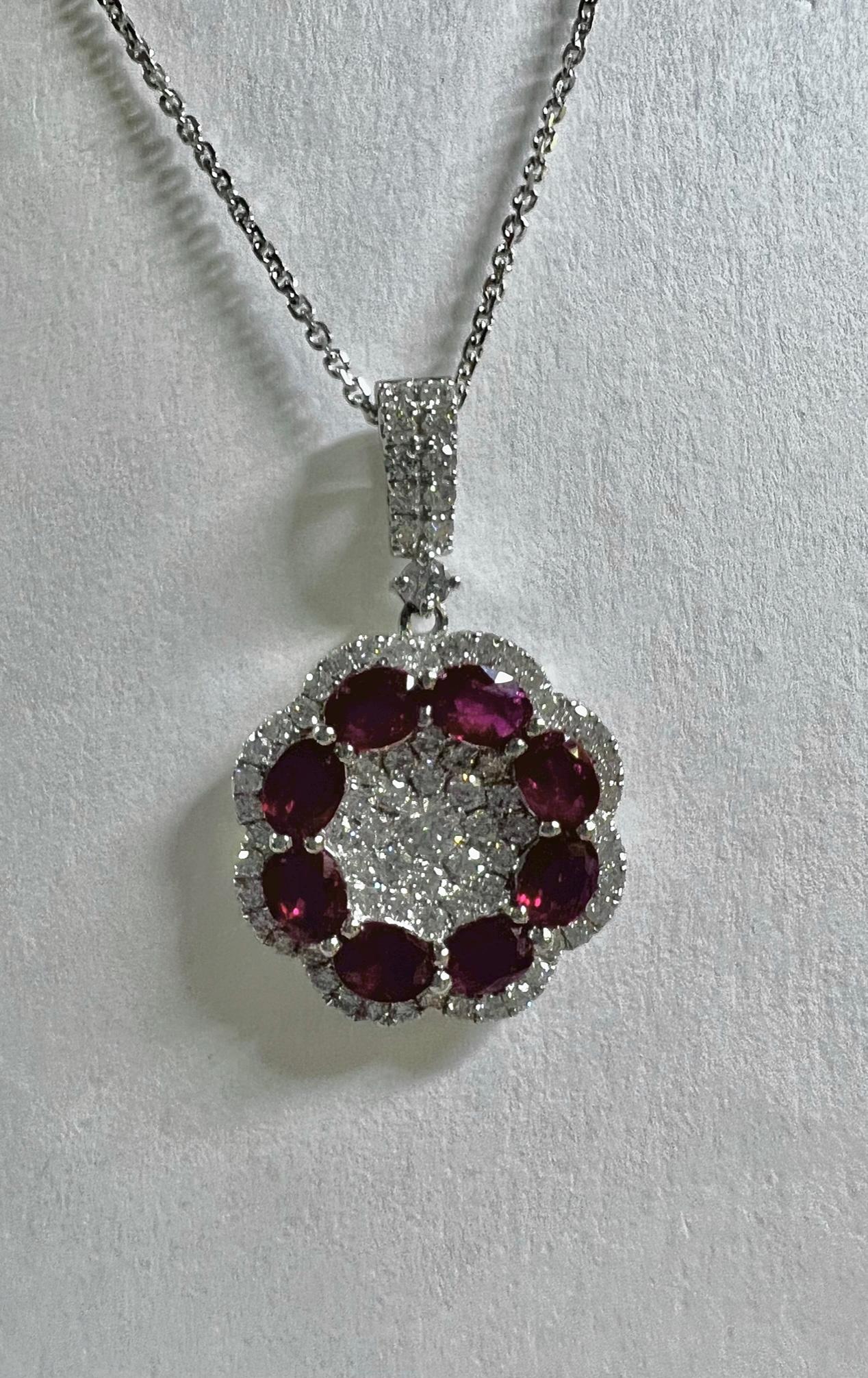 Oval Cut Ruby and Diamond Wreath Pendant For Sale