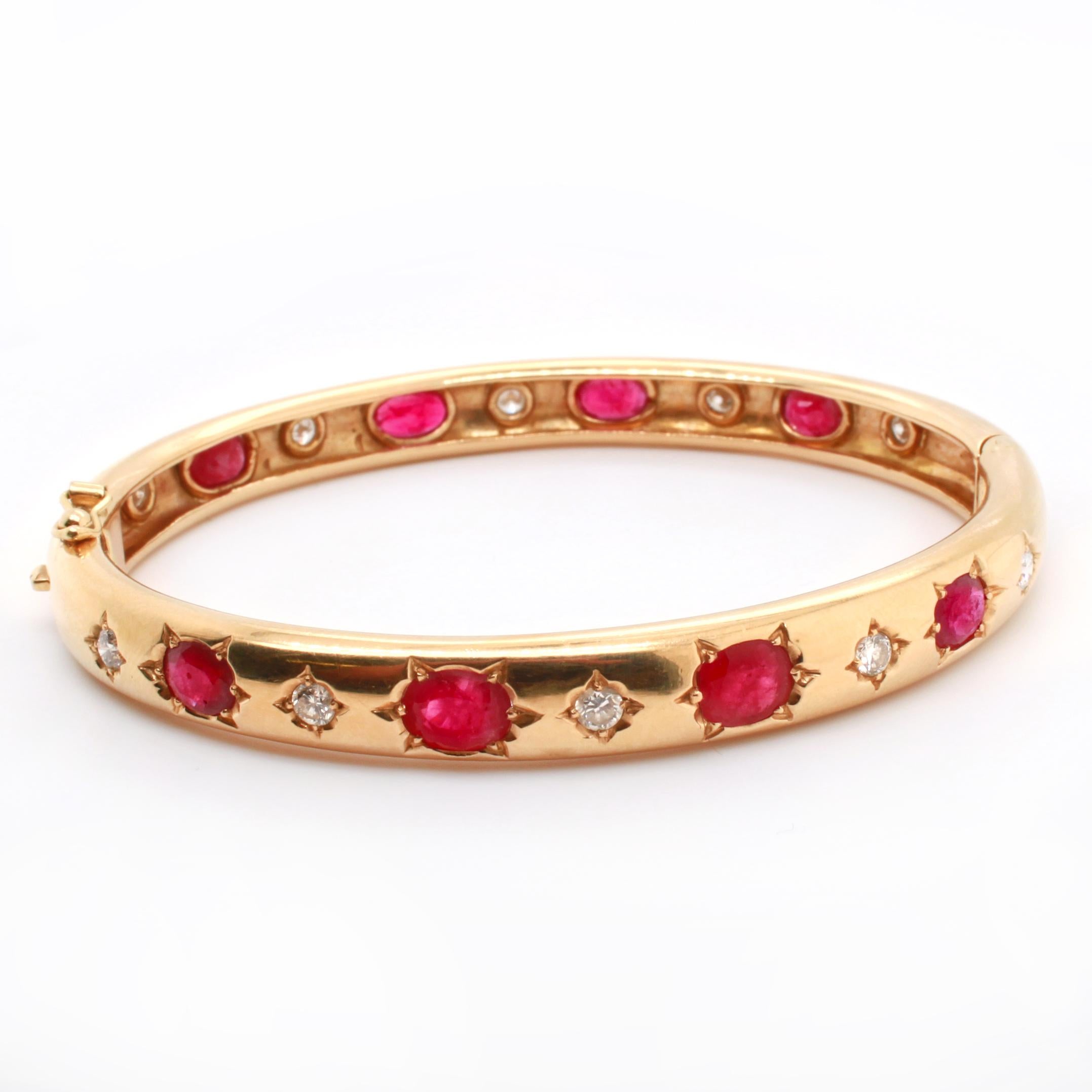 Cushion Cut Ruby and Diamond Yellow Gold Bangle