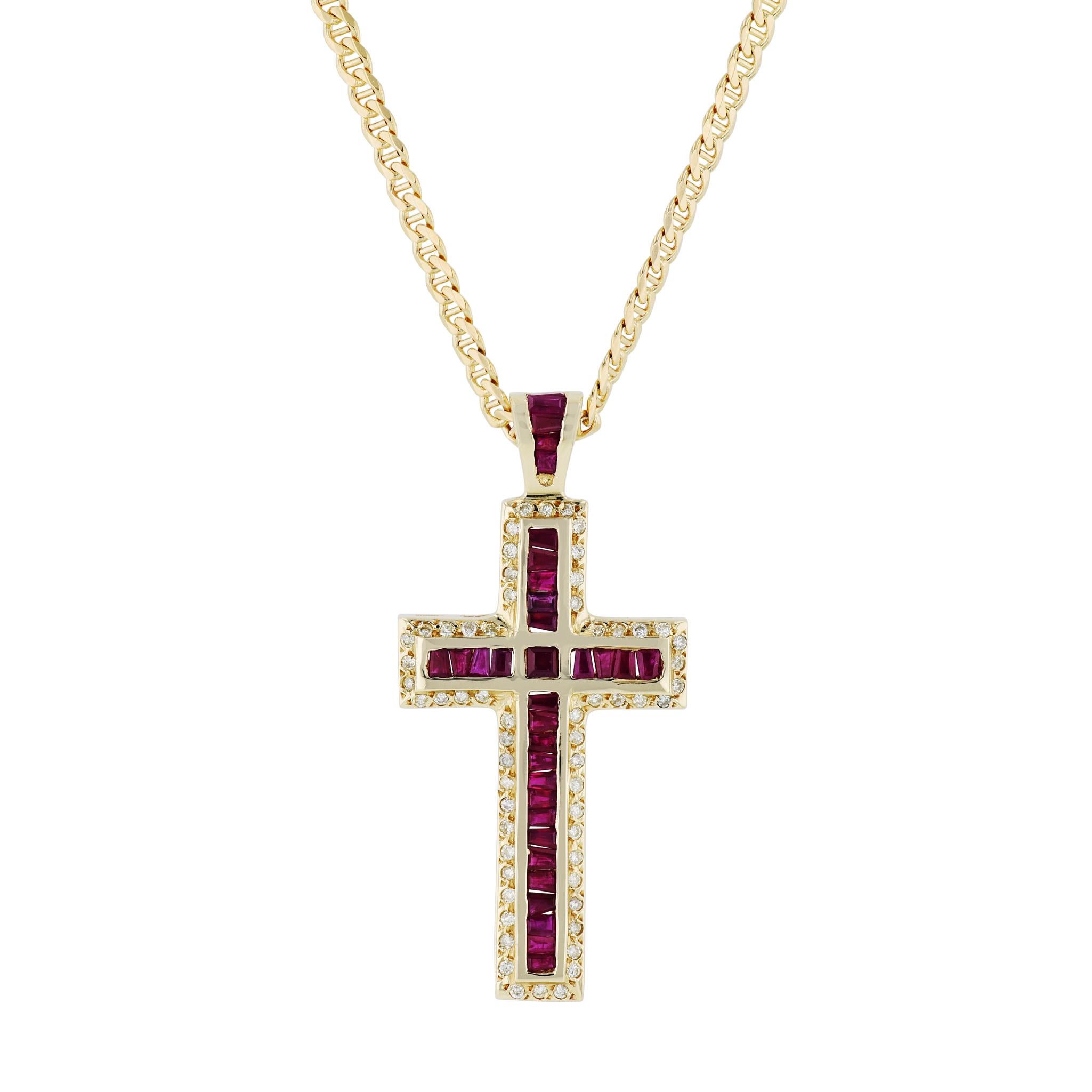 Modern Ruby and Diamond Yellow Gold Cross Pendant Estate  For Sale