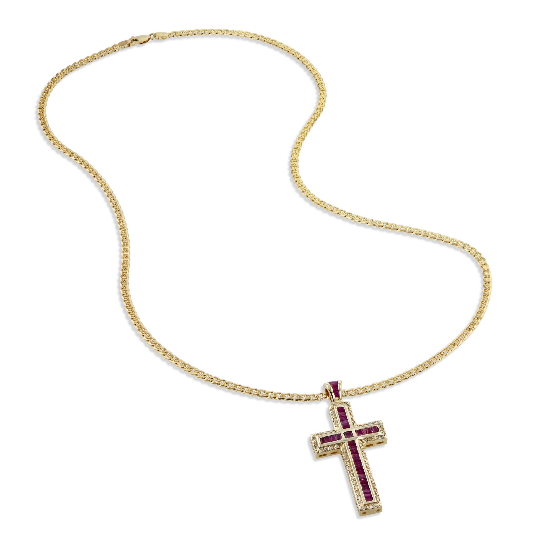 Baguette Cut Ruby and Diamond Yellow Gold Cross Pendant Estate  For Sale