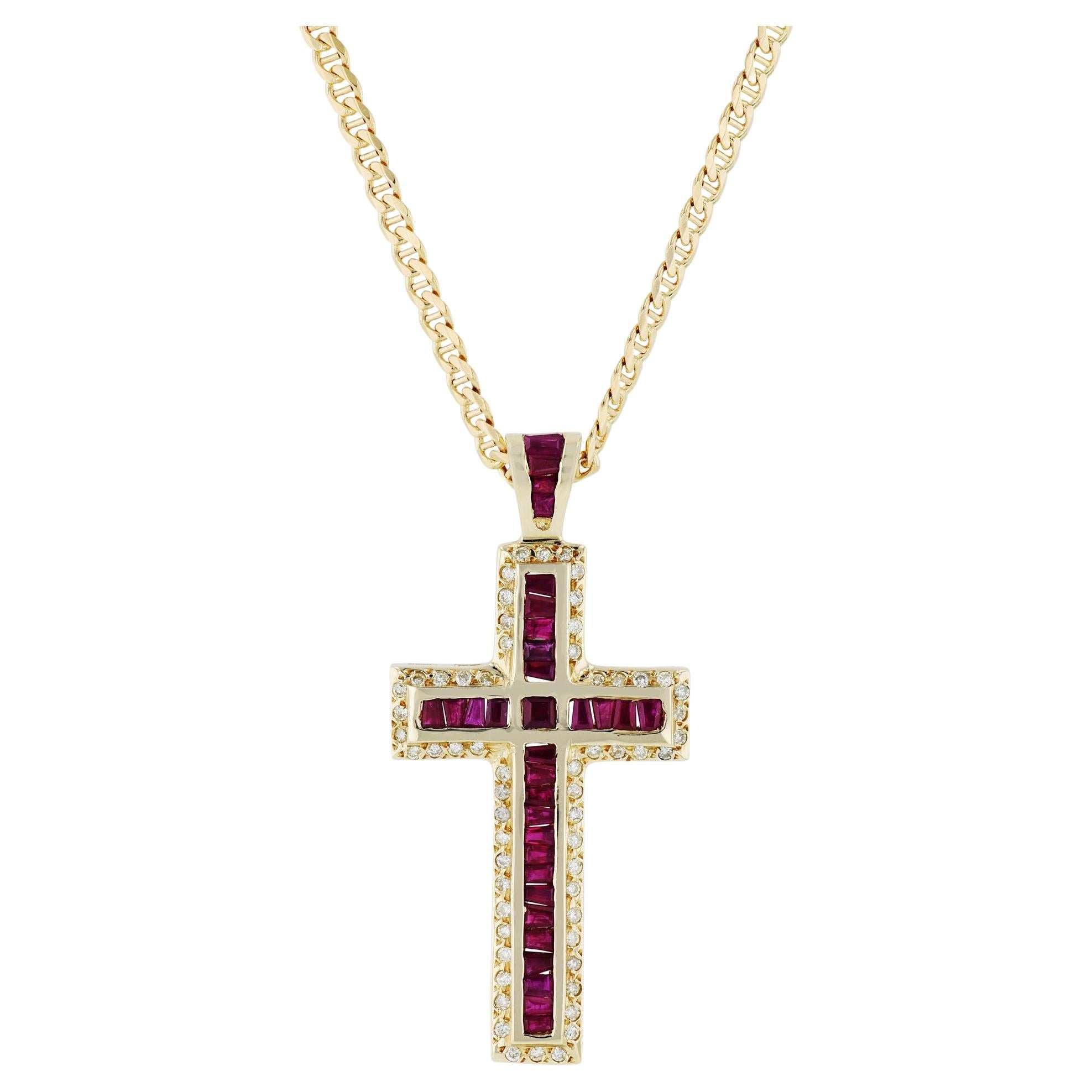 Ruby and Diamond Yellow Gold Cross Pendant Estate  For Sale