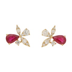 Ruby and Diamond Yellow Gold Orchid Stud Earrings