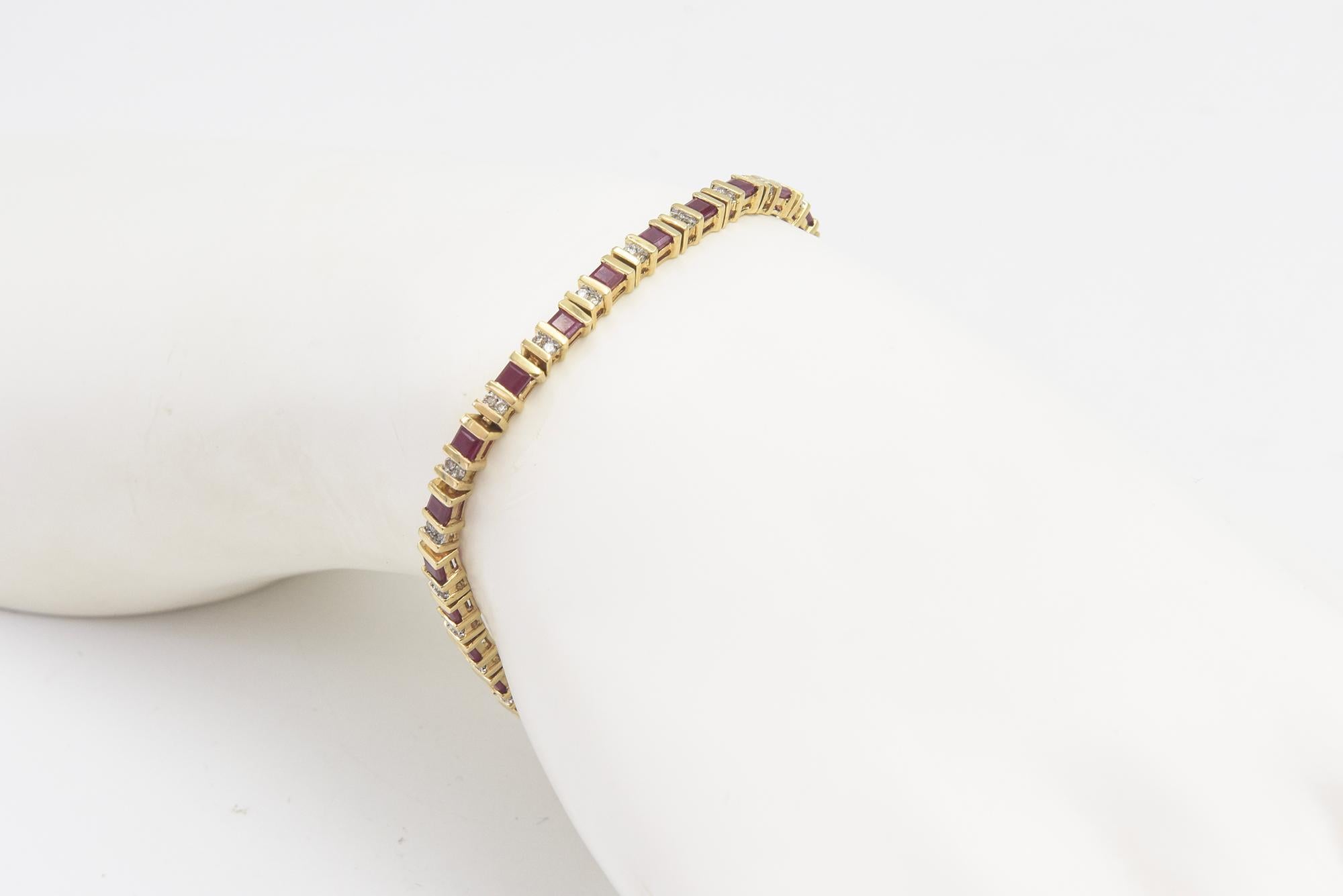 Ruby and Diamond Yellow Gold Tennis Line Bracelet For Sale 5