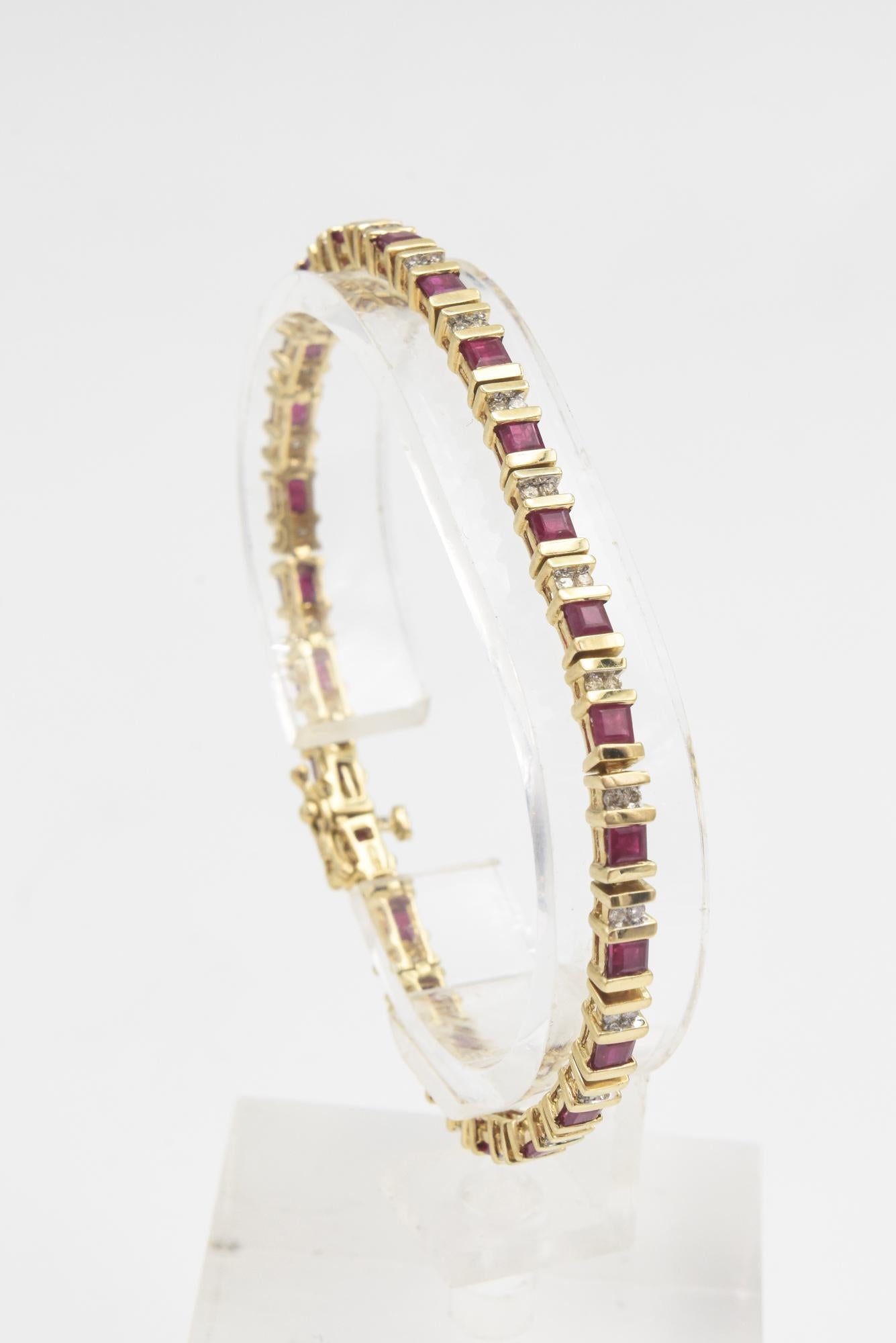 Round Cut Ruby and Diamond Yellow Gold Tennis Line Bracelet For Sale