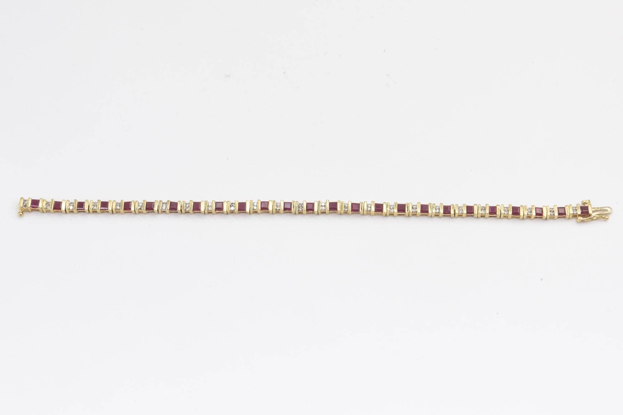 Women's Ruby and Diamond Yellow Gold Tennis Line Bracelet For Sale