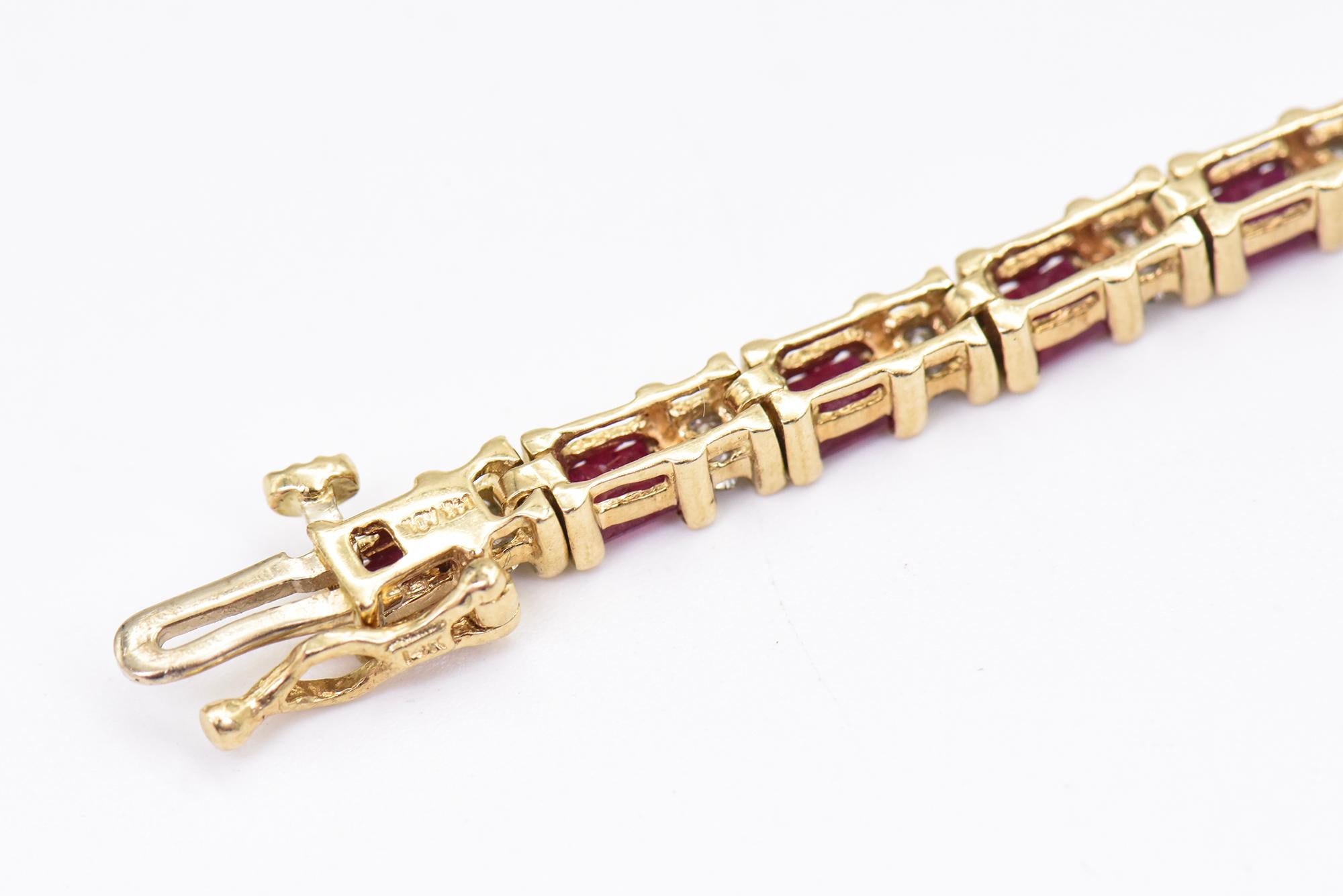 Ruby and Diamond Yellow Gold Tennis Line Bracelet For Sale 1