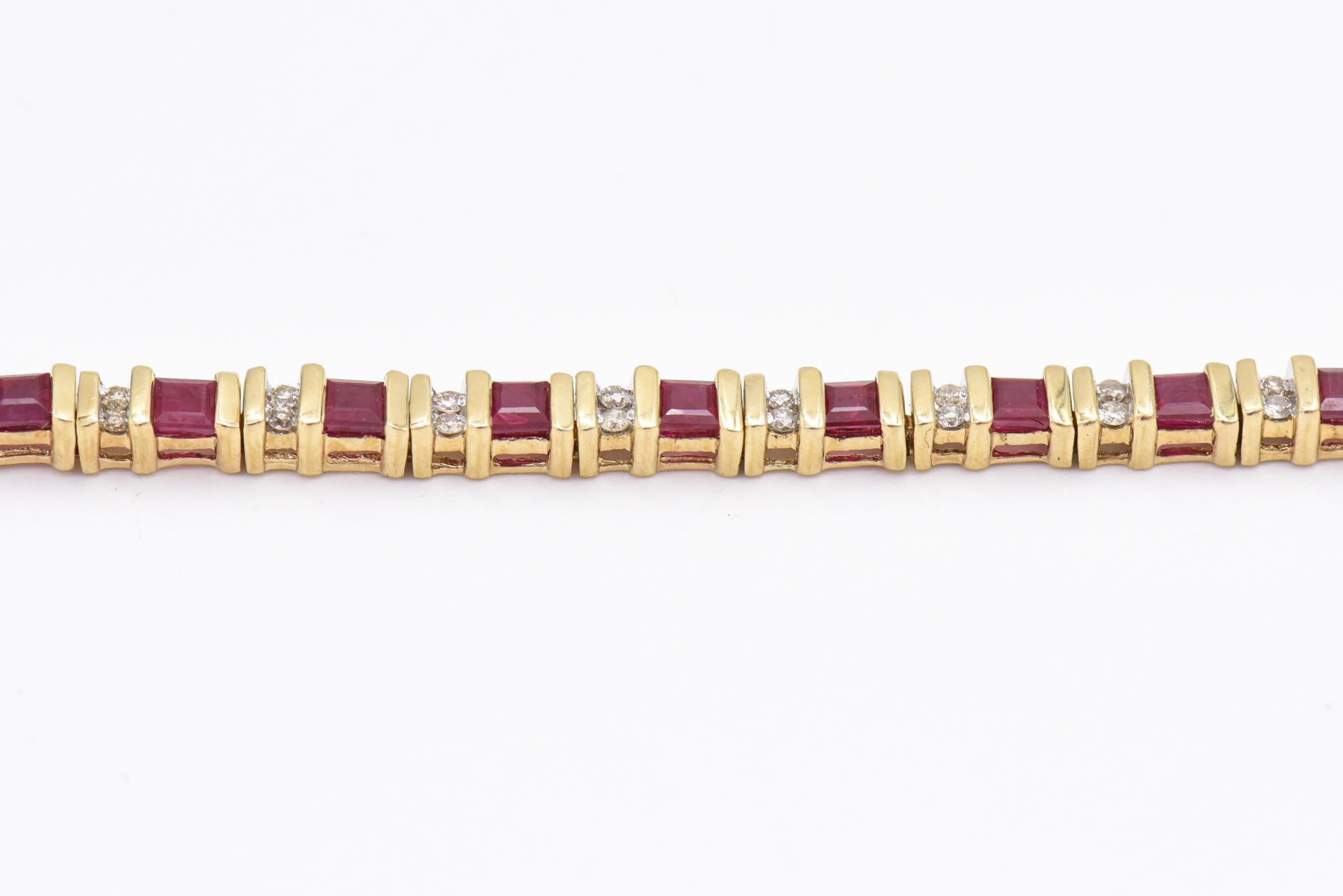 Ruby and Diamond Yellow Gold Tennis Line Bracelet For Sale 3