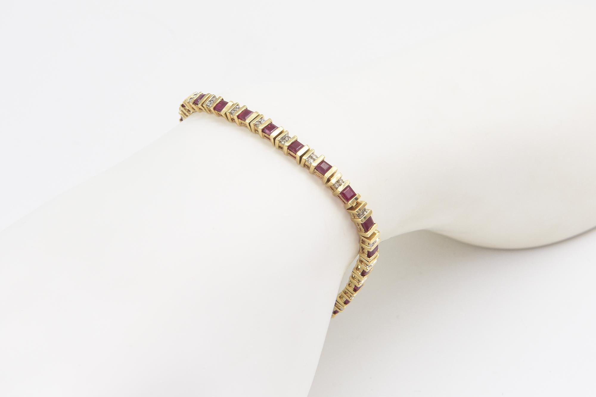 Ruby and Diamond Yellow Gold Tennis Line Bracelet For Sale 4