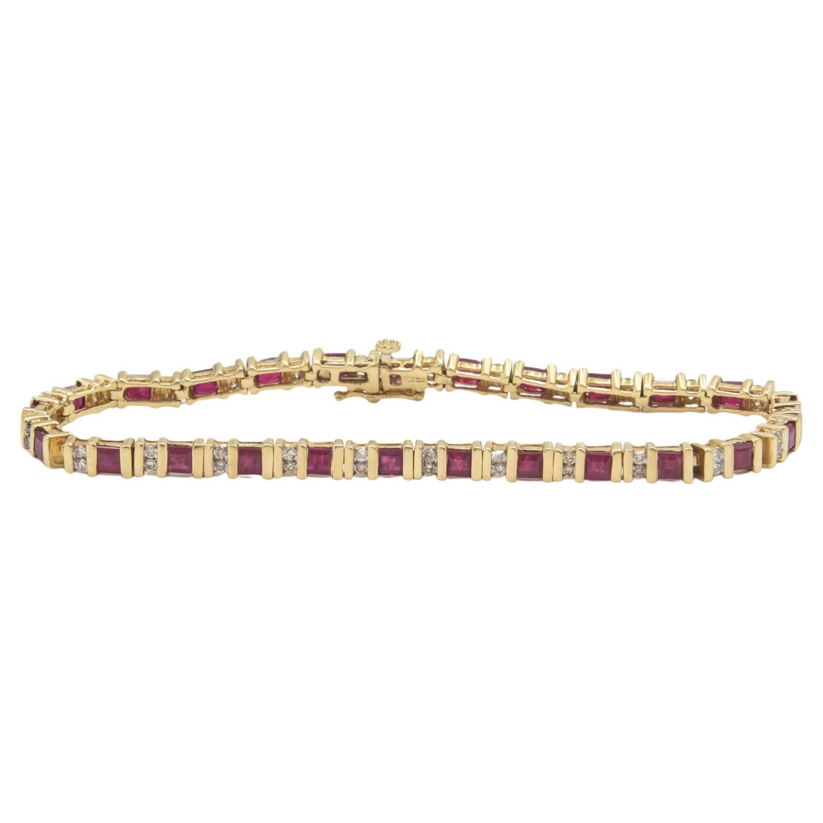 Ruby and Diamond Yellow Gold Tennis Line Bracelet For Sale