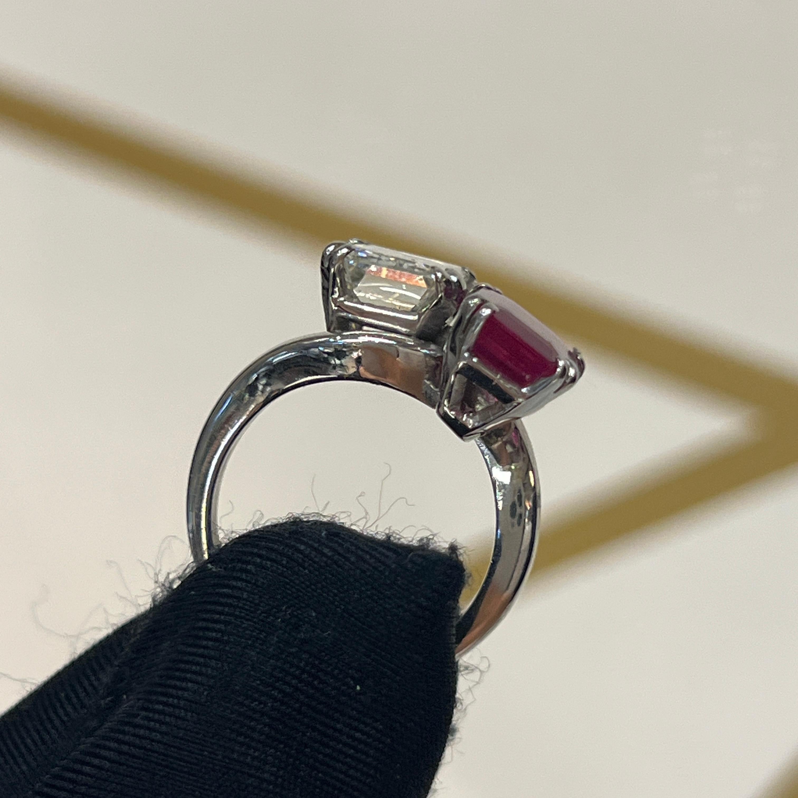 Emerald Cut Ruby and Diamond You & Me Ring For Sale
