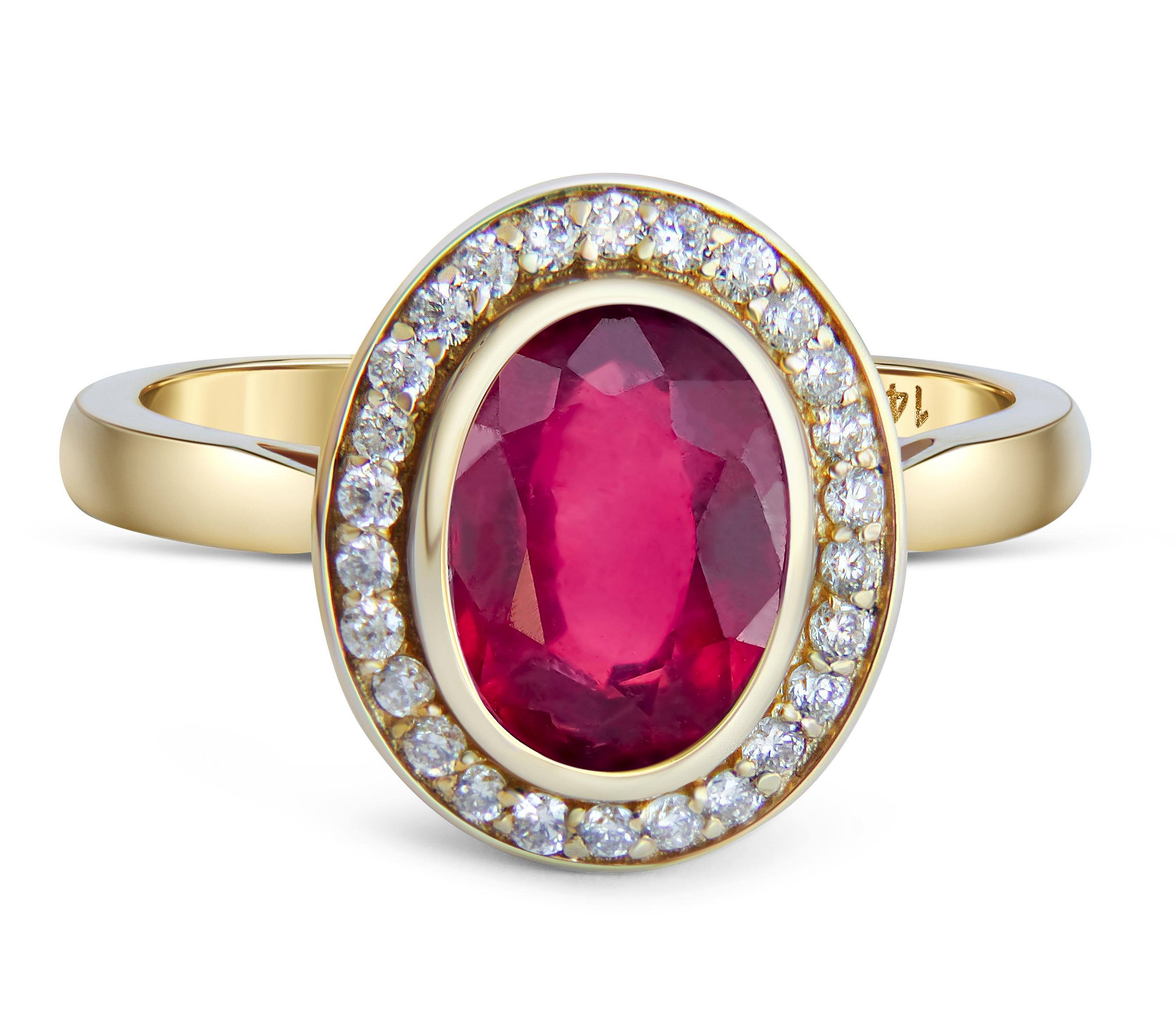 Ruby and diamonds 14k gold ring. 
Oval Ruby gold ring. Ruby diamond halo ring. Red gemstone ring. July birthstone ring.

Metal: 14k gold
Weight: 3 gr depends from size

Gemstones:
Ruby - 1 piece
Cut - oval
Color - red
Weight - 1 ct

Side gemstones -