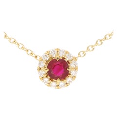 Ruby and Diamonds Cluster Pendant Necklace Set in 18k Yellow Gold