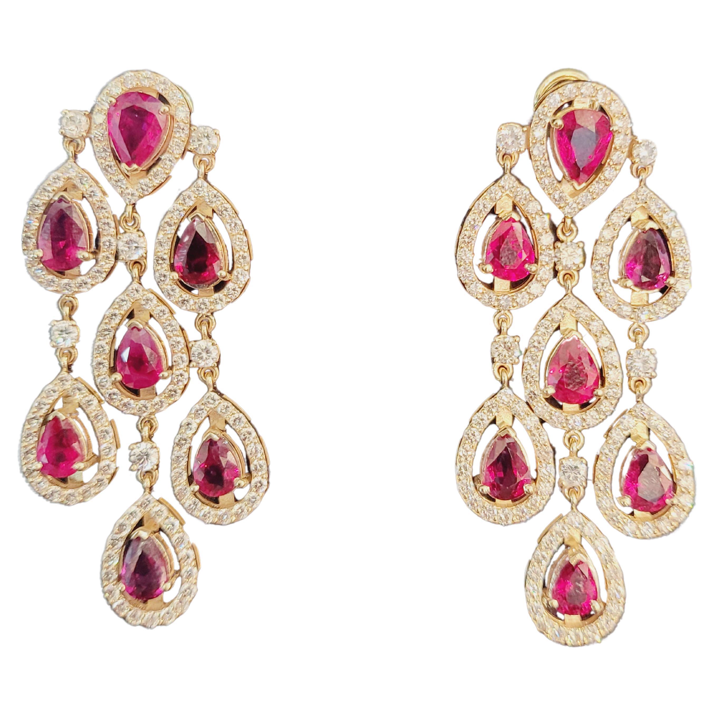Ruby and Diamonds Dangle Earrings in 14K Yellow Gold