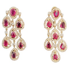 Ruby and Diamonds Dangle Earrings in 14K Yellow Gold