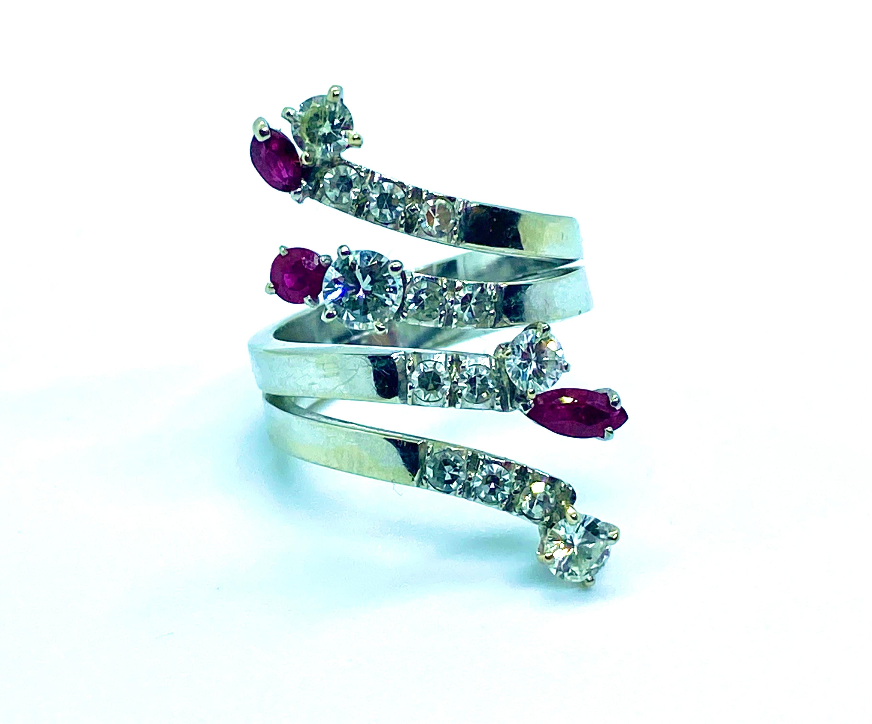 Brilliant Cut Ruby and Diamonds Design Snake Ring For Sale