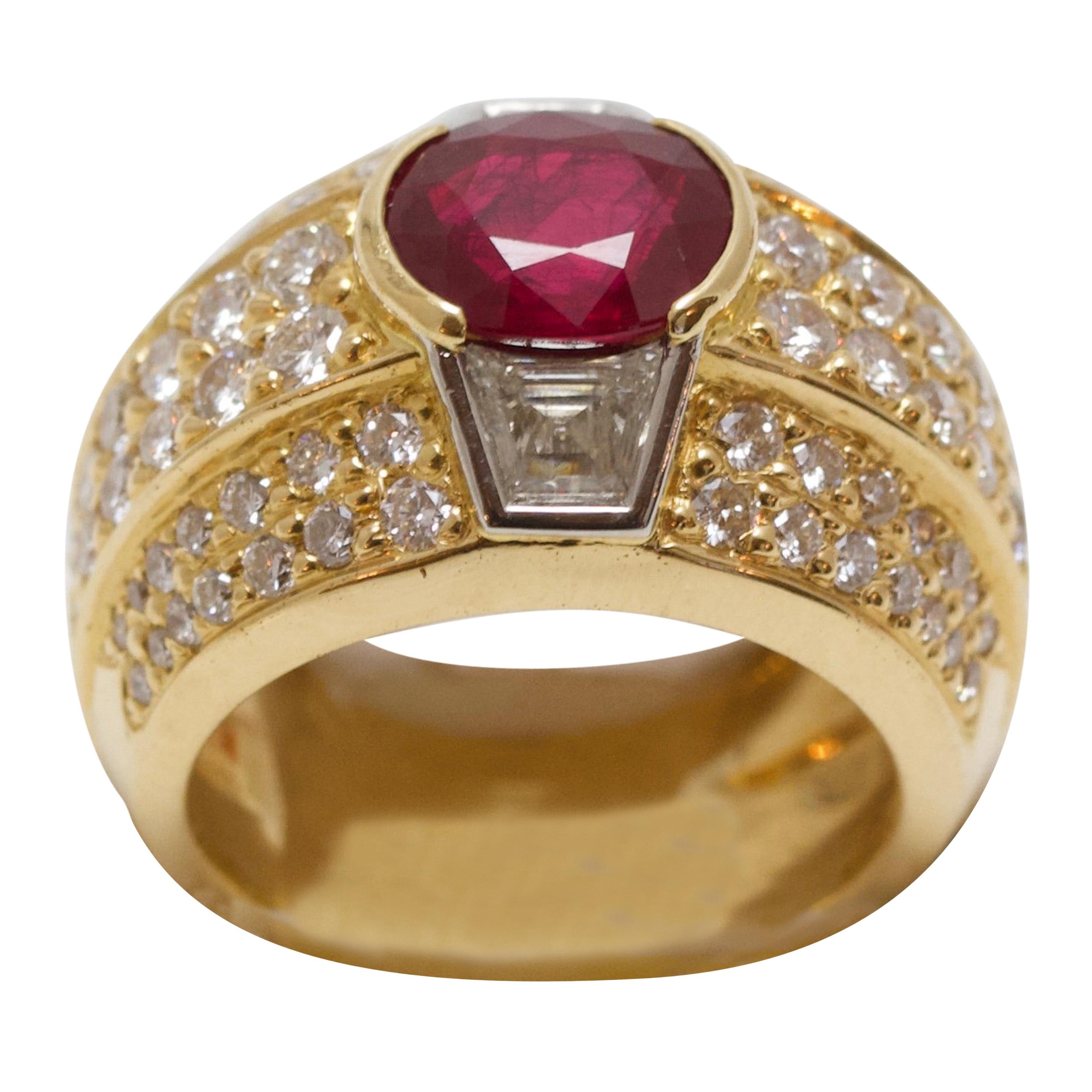 Ruby and Diamonds Dome Ring made in France For Sale