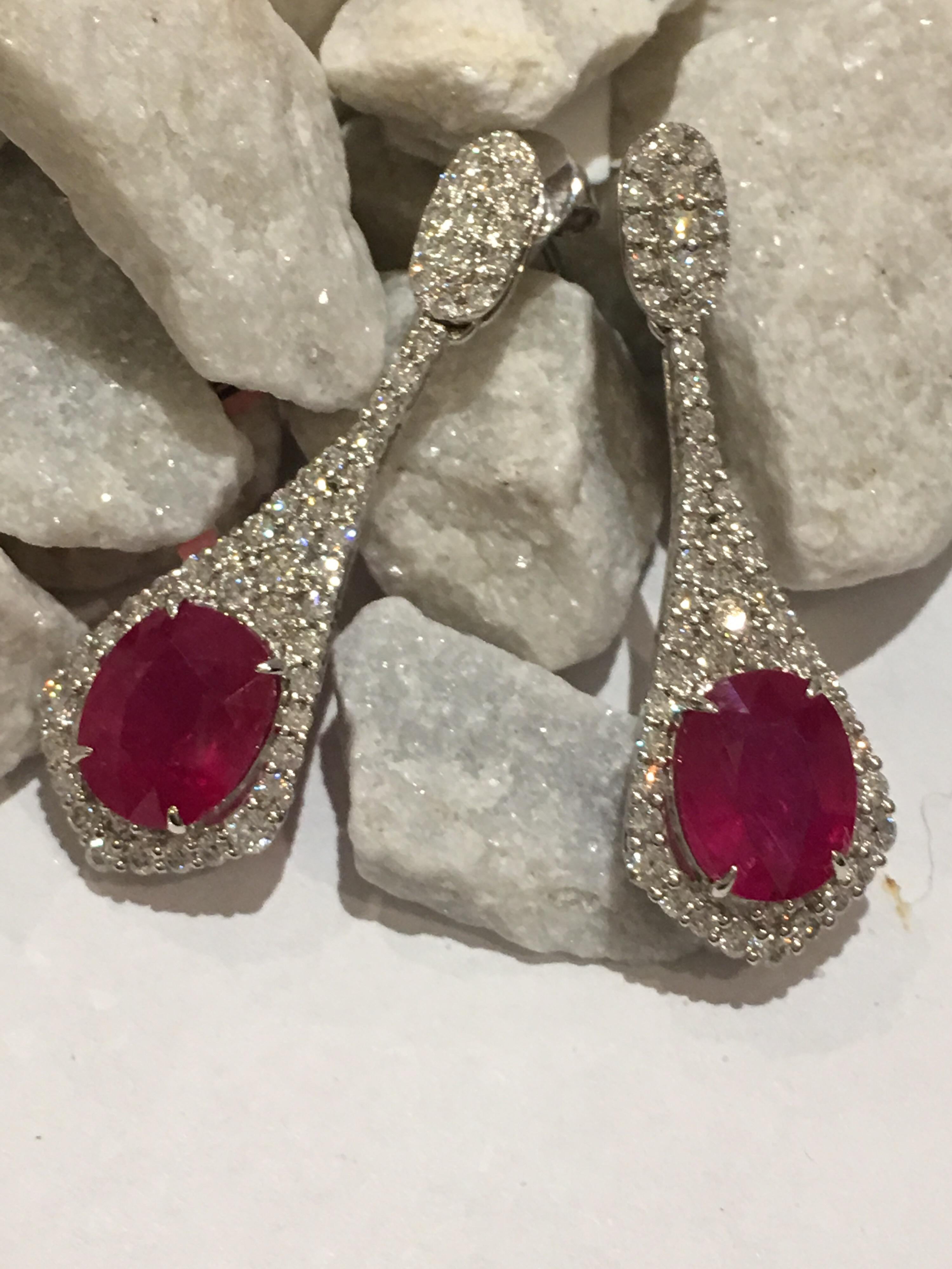 Artisan Ruby and Diamonds Earrings Set in 18 Karat White Gold For Sale