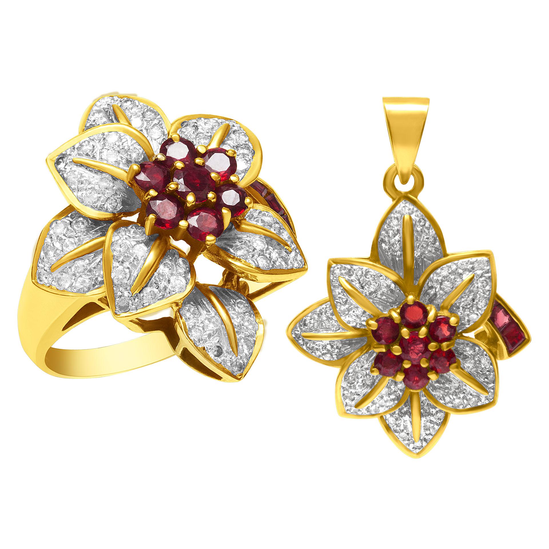 Ruby and diamonds flower ring and pendant, 2 pieces set in 18k yellow gold. Round brilliant cut diamond approx. total weight: 1 carat, diamonds are eye clean and white. Round rubies total approx. weight: 0.10 carat. Pendant 30. mm x 20 mm. Ring