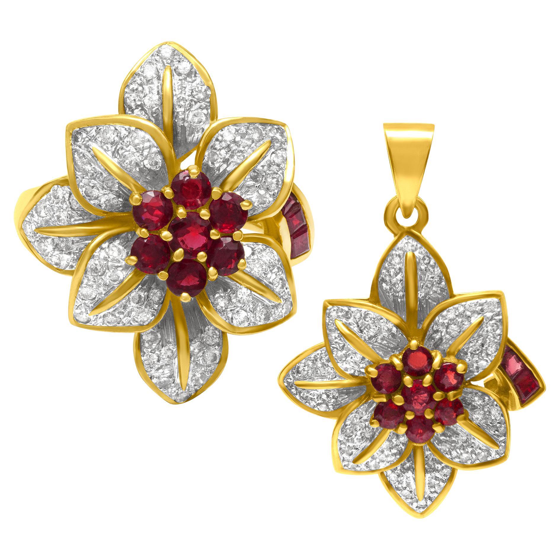 Ruby and Diamonds Flower Ring and Pendant, 2 Pieces Set in 18k Yellow Gold For Sale