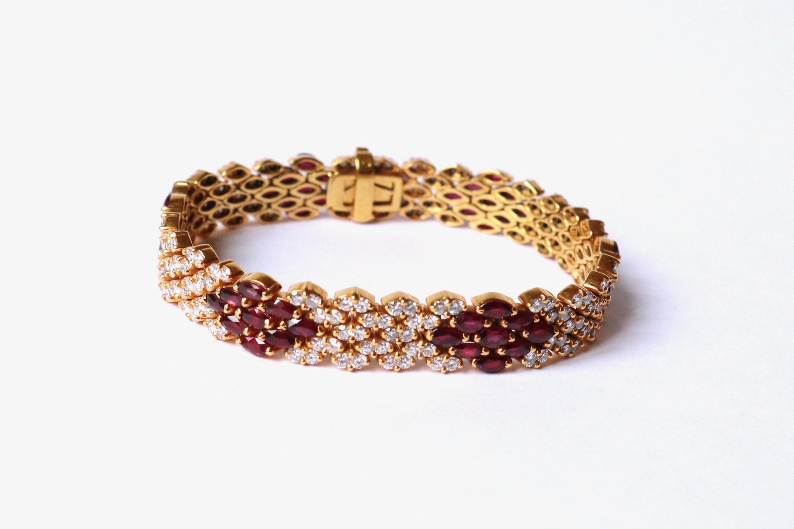 Brilliant Cut Ruby and Diamonds Paved Bracelet in 18 Carat Yellow Gold For Sale